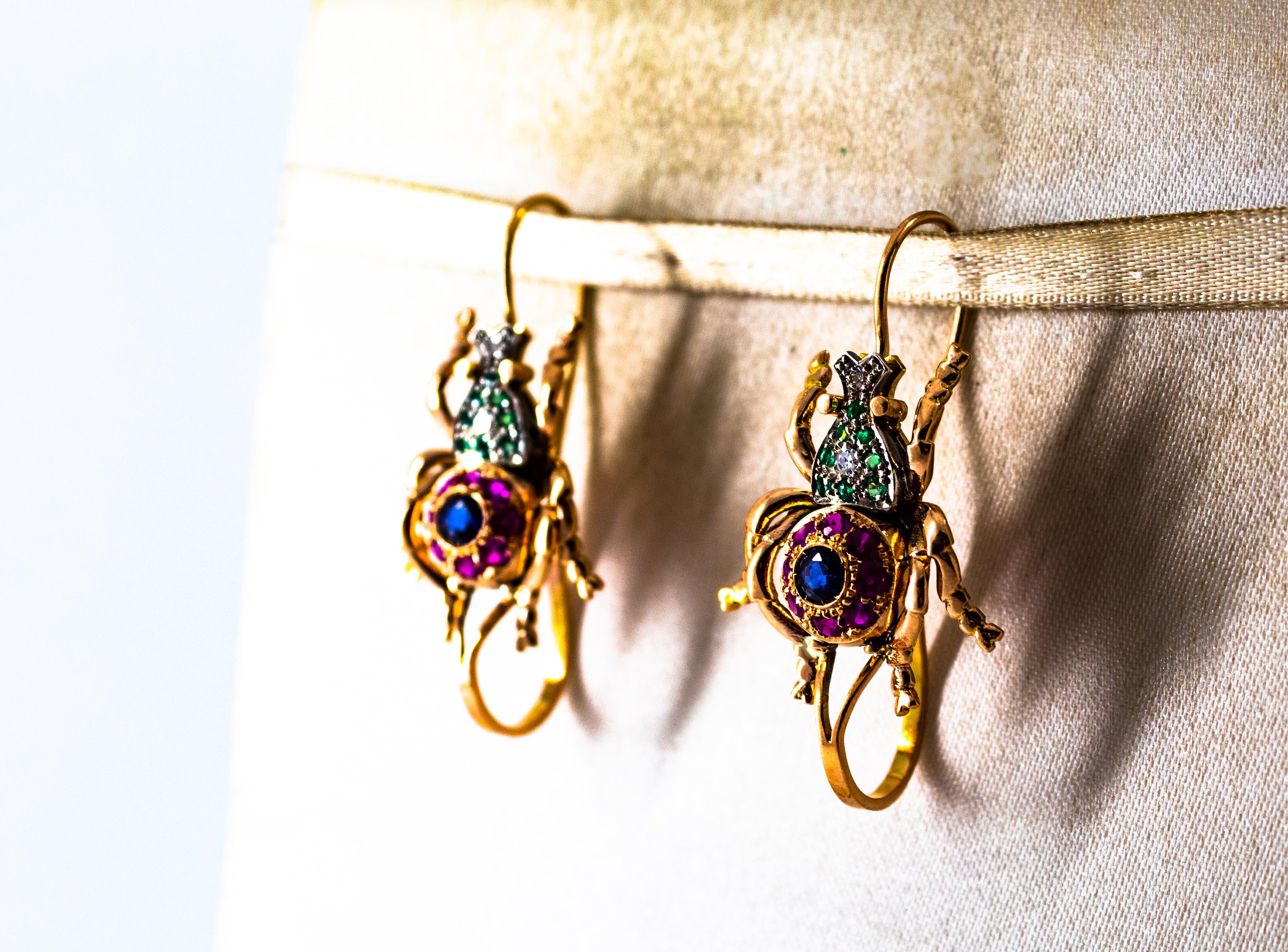 Art Nouveau Style White Diamond Ruby Emerald Sapphire Yellow Gold Drop Earrings For Sale 1