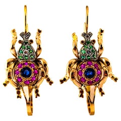Art Nouveau Style White Diamond Ruby Emerald Sapphire Yellow Gold Drop Earrings