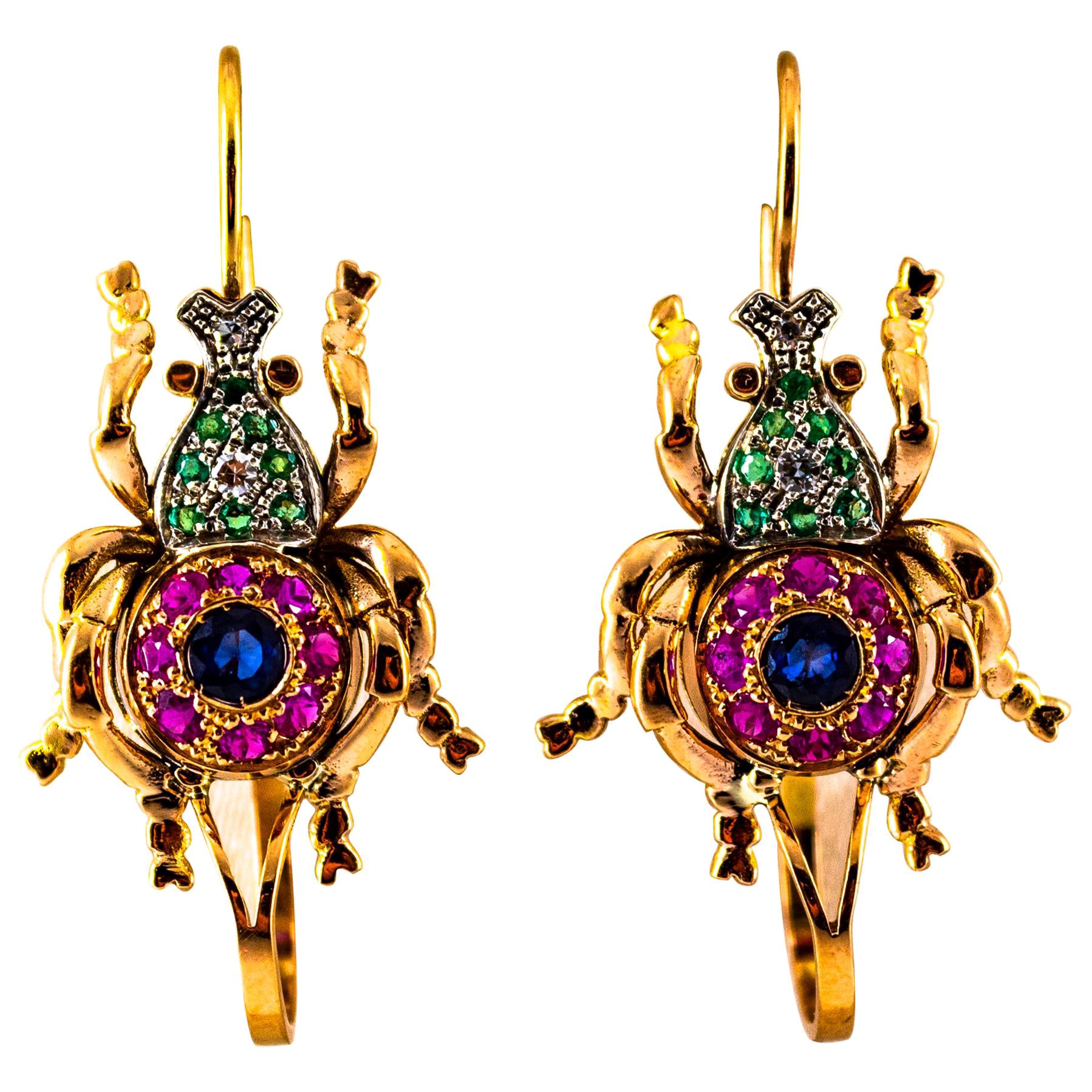 Orecchini a goccia in stile Art Nouveau in oro giallo con diamante bianco, rubino e smeraldo e zaffiro