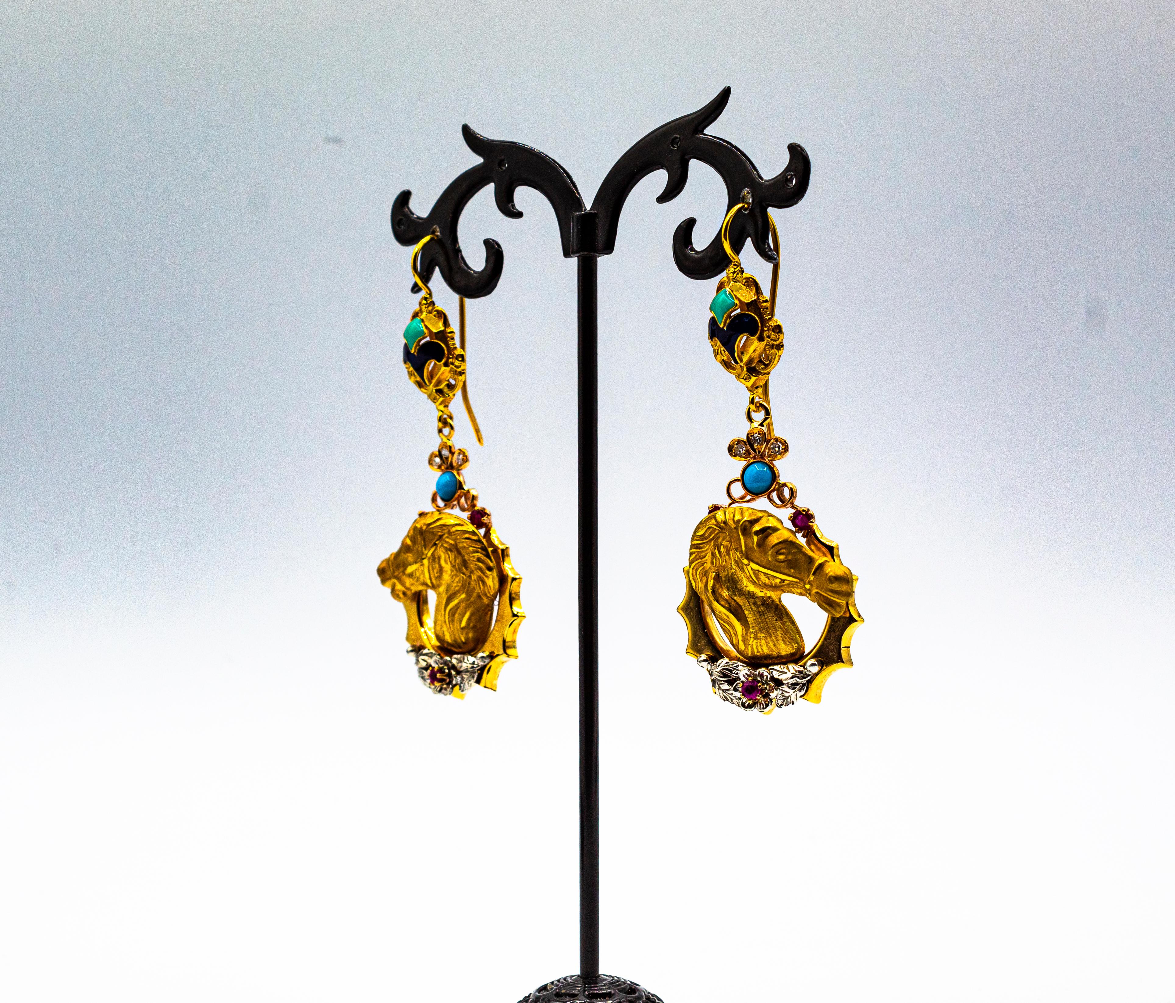 Orecchini in stile Art Nouveau con diamante bianco, rubino, smalto e turchese in oro giallo in vendita 6