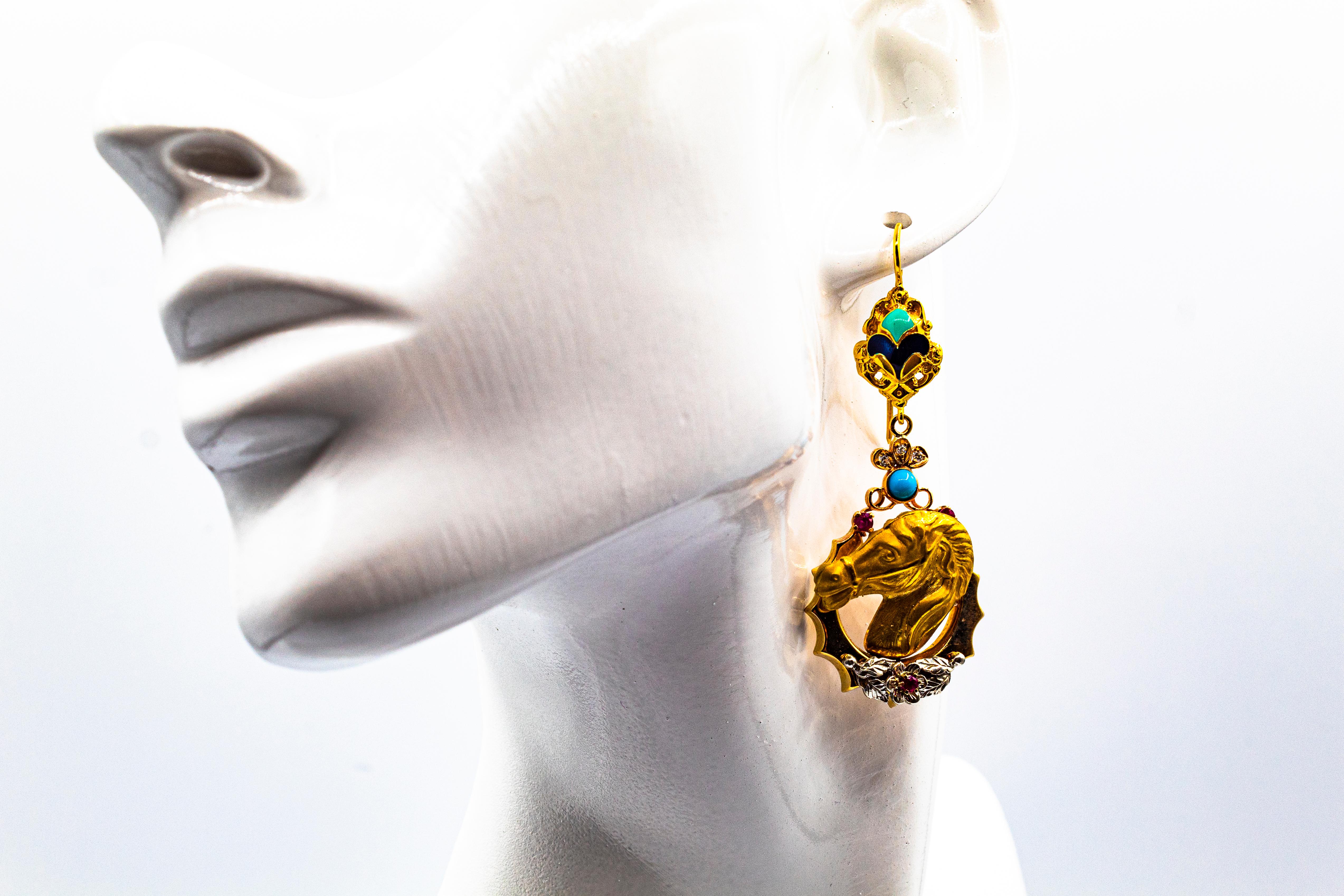 Orecchini in stile Art Nouveau con diamante bianco, rubino, smalto e turchese in oro giallo in vendita 7