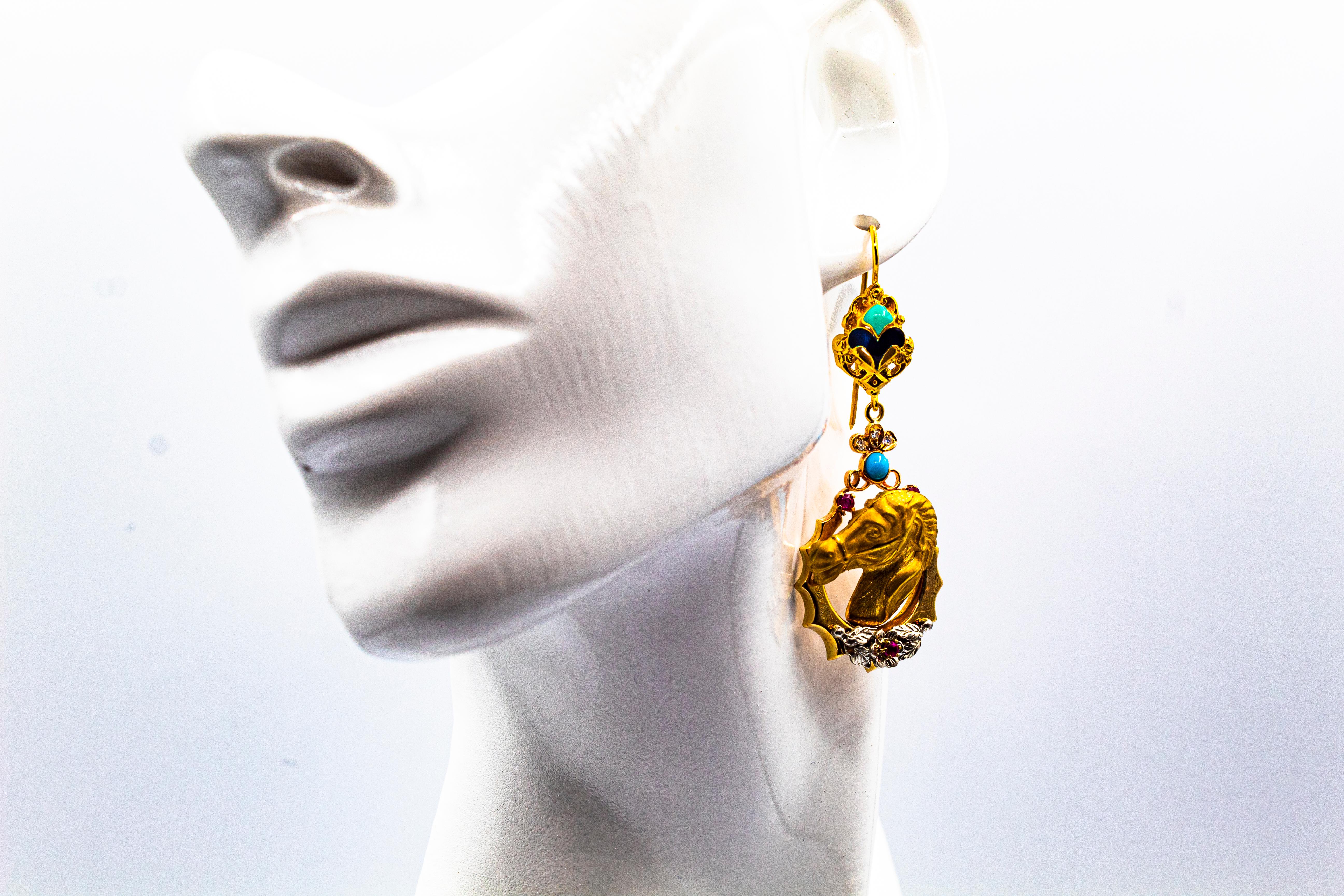 Art Nouveau Style White Diamond Ruby Enamel Turquoise Yellow Gold Stud Earrings For Sale 7