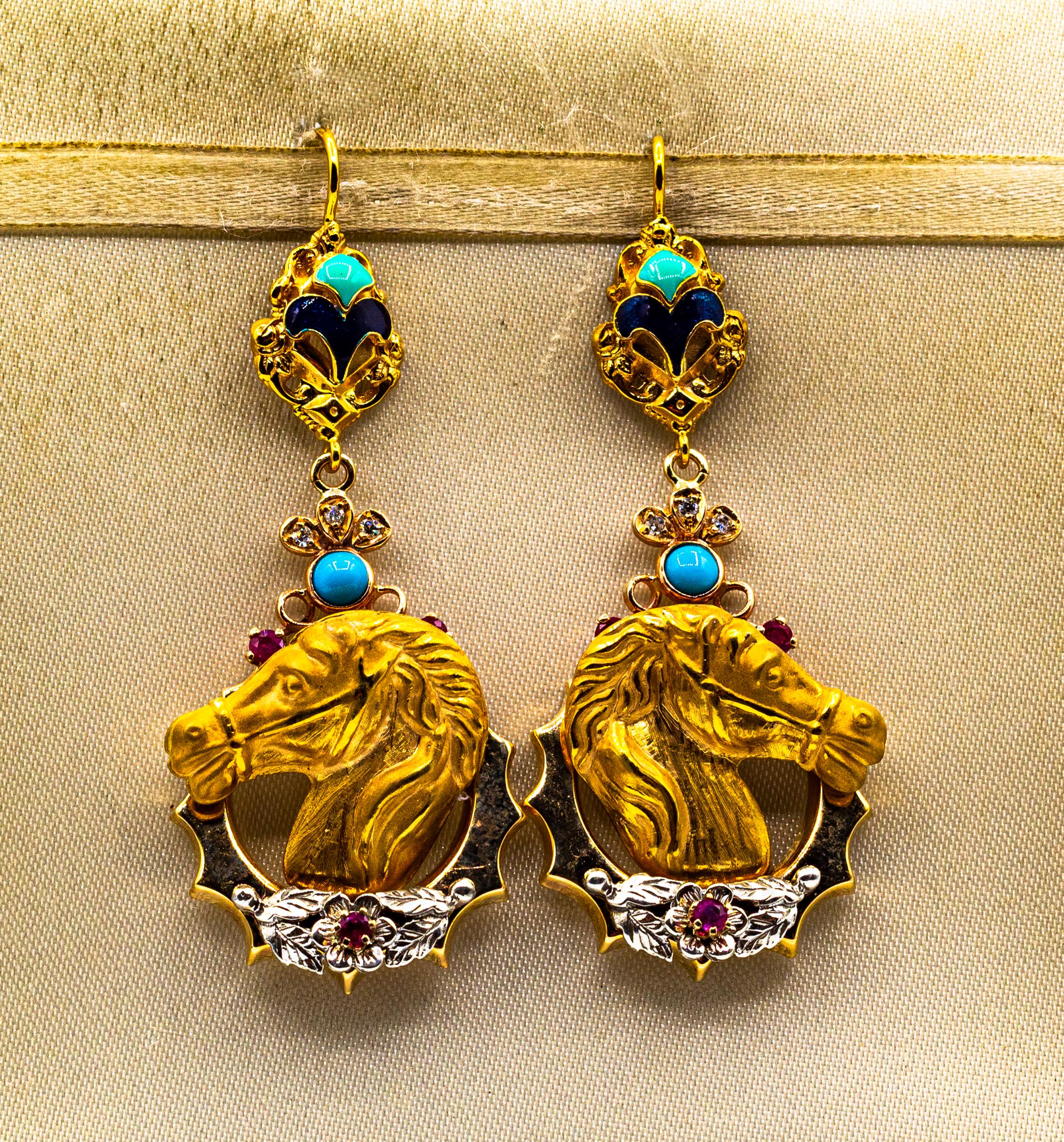 These Earrings are made of 9K Yellow Gold and Sterling Silver.
These Earrings have 0.09 Carats of White Brilliant Cut Diamonds.
These Earrings have 0.80 Carats of Rubies.
These Earrings have Natural Turquoise and Enamel.
These Earrings are inspired