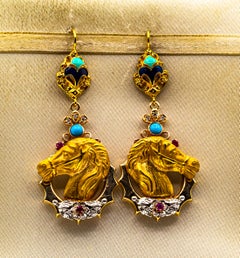 Art Nouveau Style White Diamond Ruby Enamel Turquoise Yellow Gold Stud Earrings