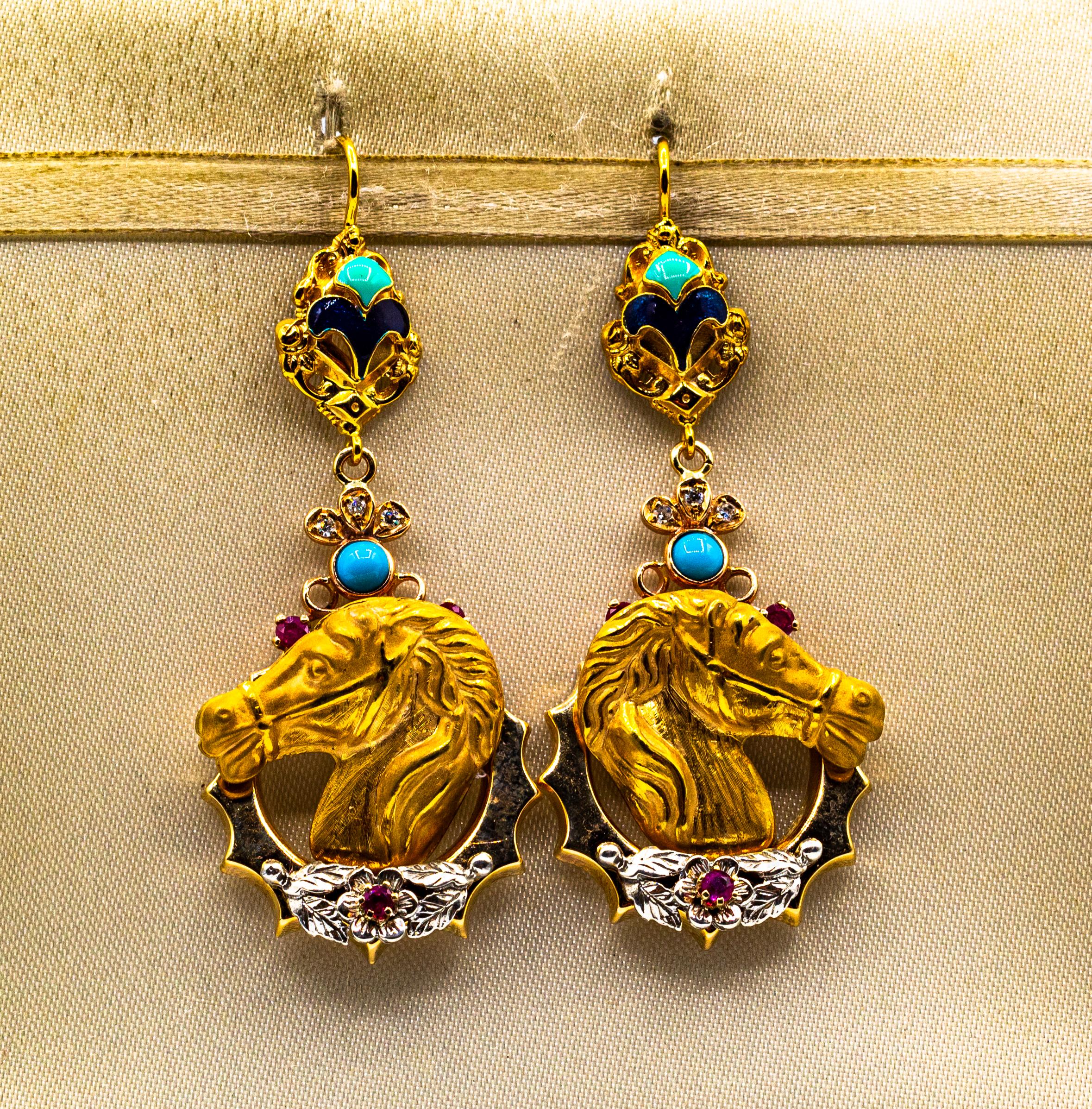 Taglio brillante Orecchini in stile Art Nouveau con diamante bianco, rubino, smalto e turchese in oro giallo in vendita
