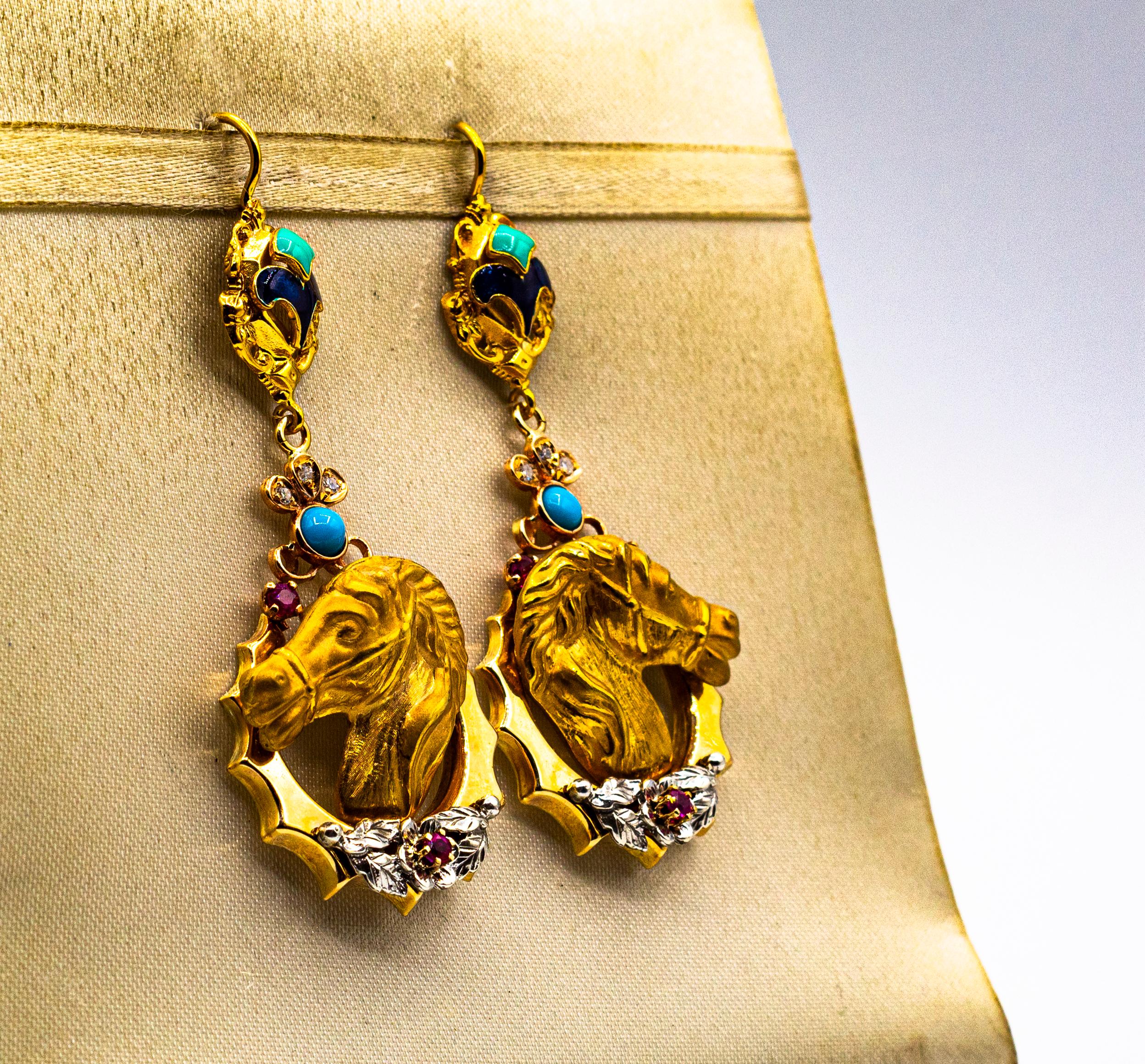 Orecchini in stile Art Nouveau con diamante bianco, rubino, smalto e turchese in oro giallo In condizioni Nuovo in vendita a Naples, IT