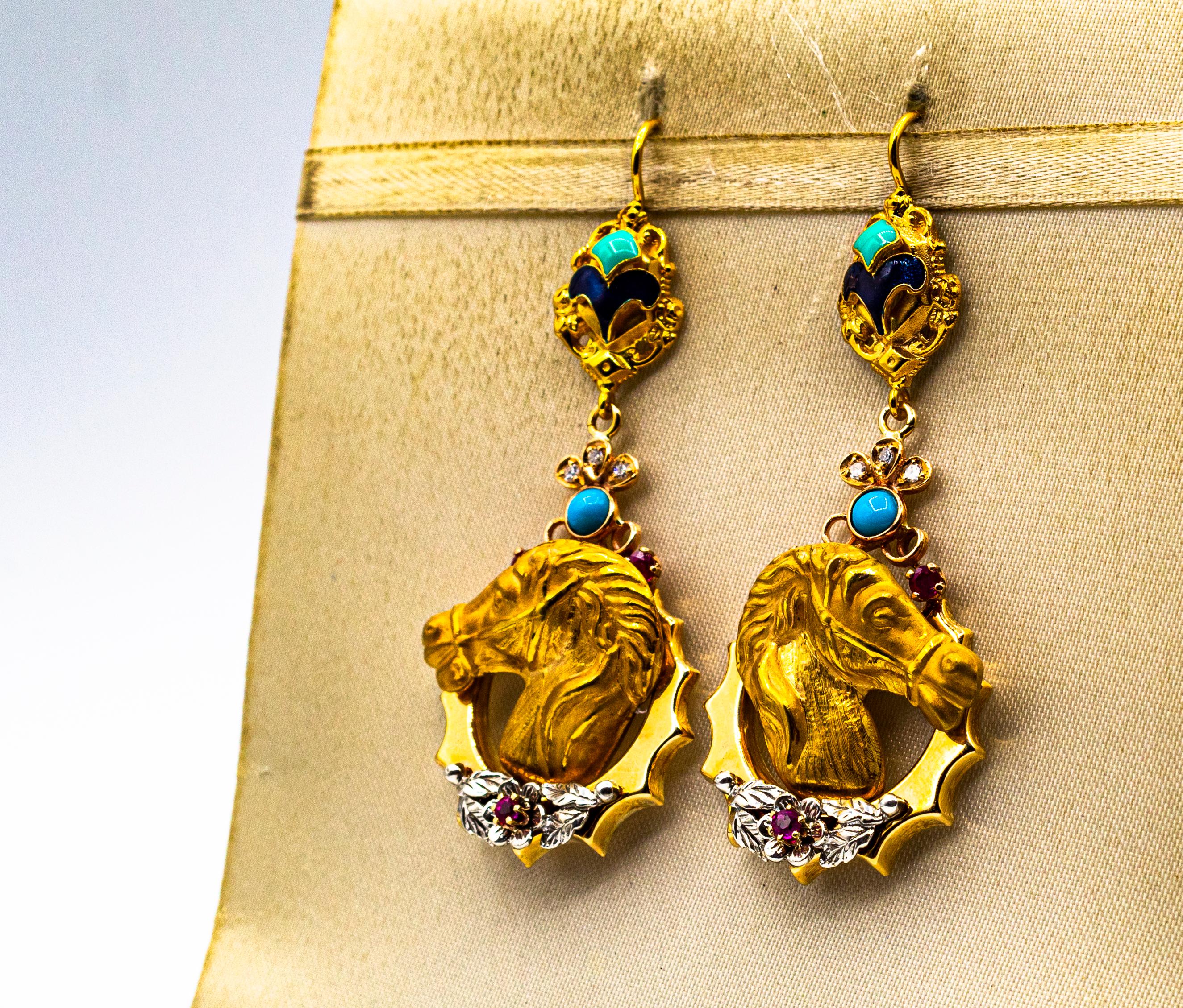 da uomo o donna Orecchini in stile Art Nouveau con diamante bianco, rubino, smalto e turchese in oro giallo in vendita