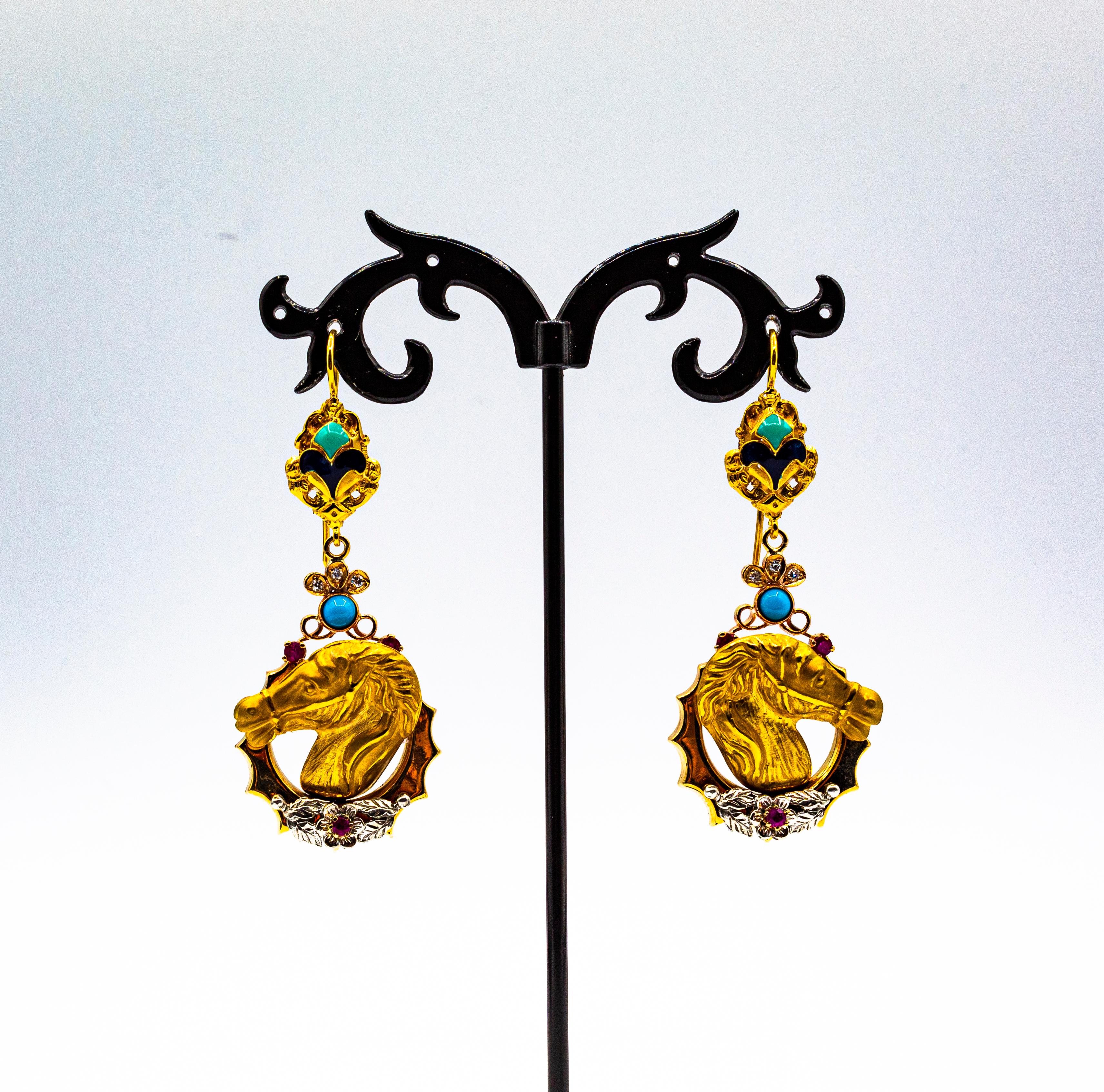 Orecchini in stile Art Nouveau con diamante bianco, rubino, smalto e turchese in oro giallo in vendita 1