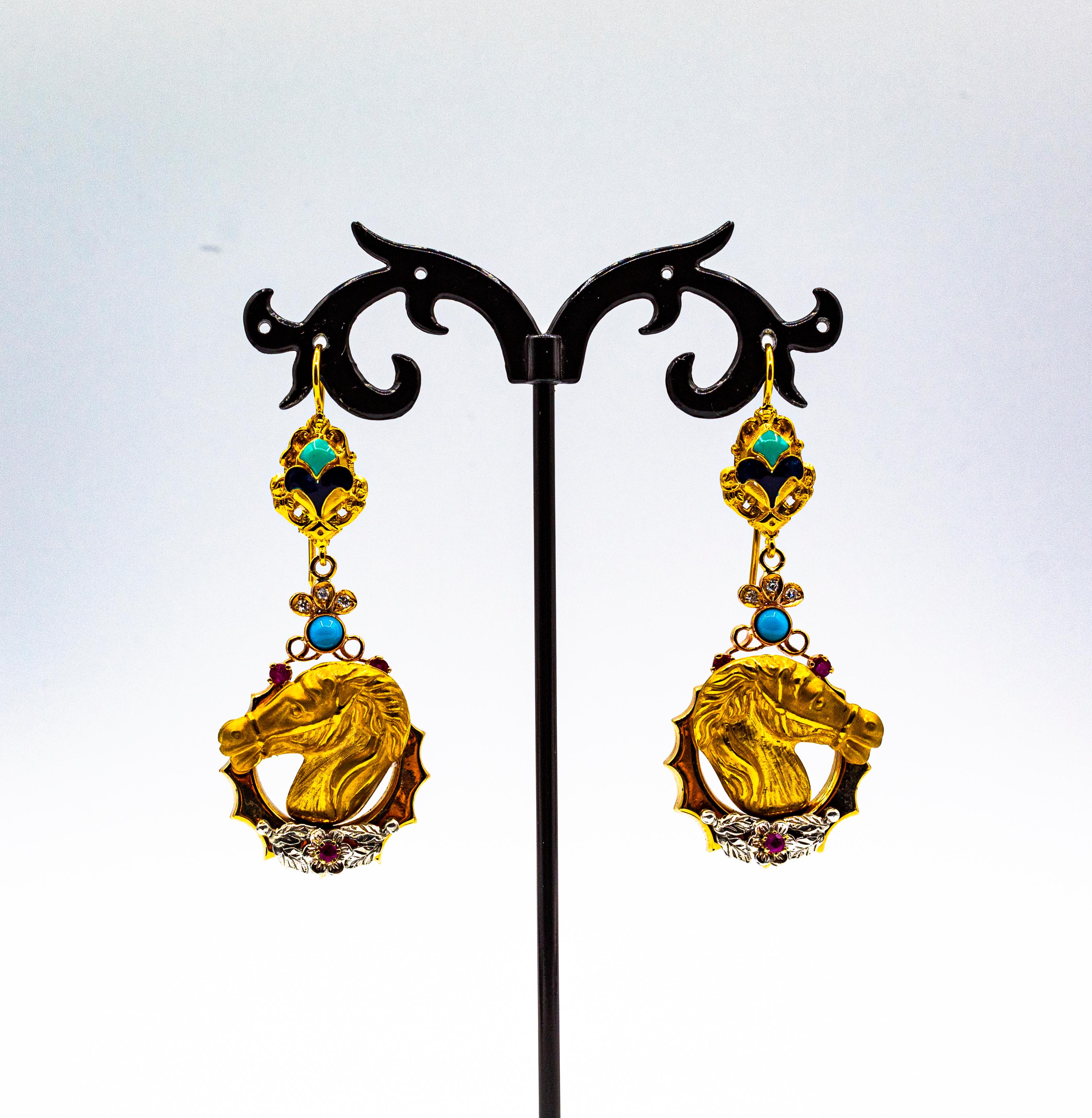 Art Nouveau Style White Diamond Ruby Enamel Turquoise Yellow Gold Stud Earrings For Sale 1