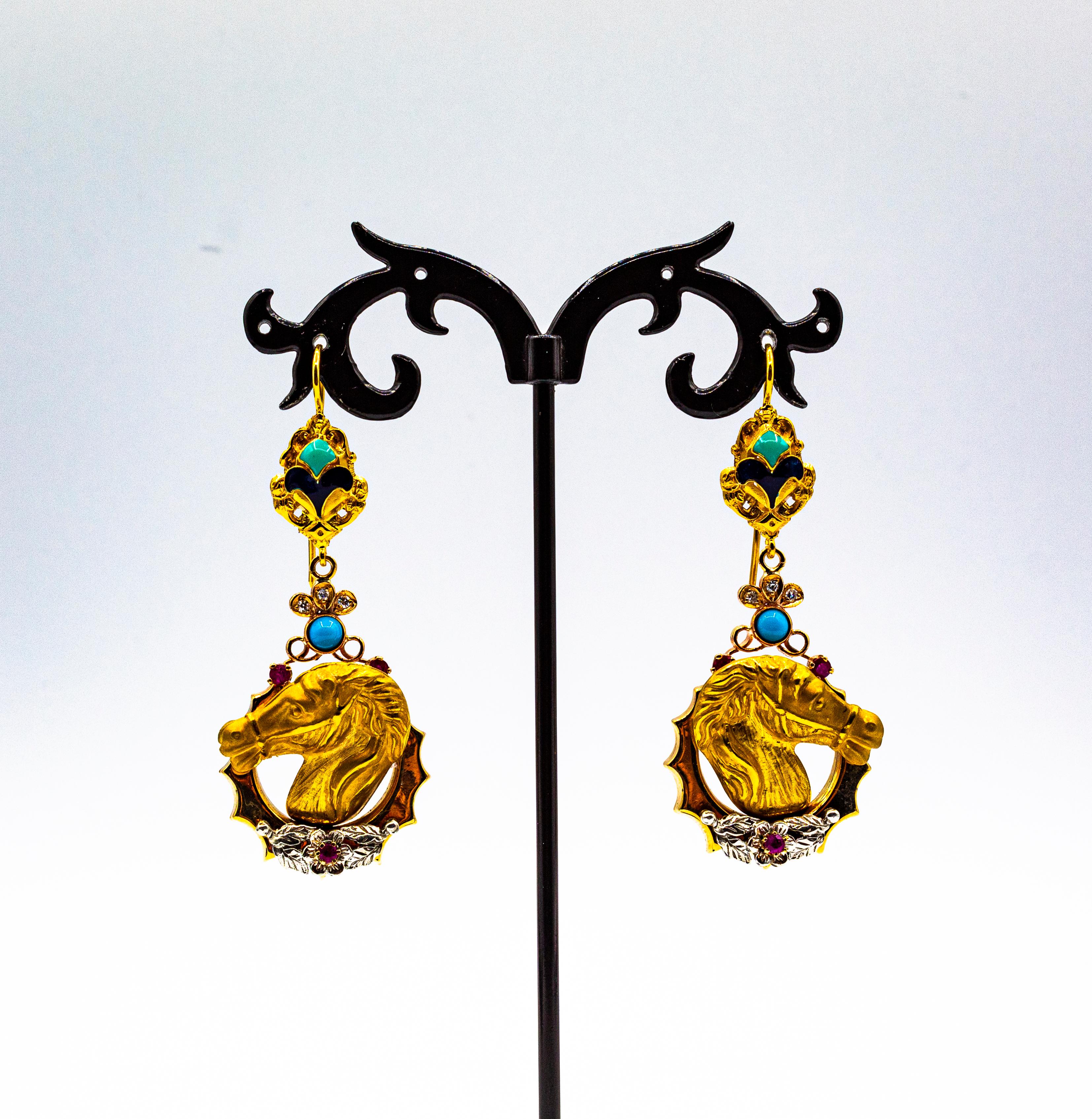 Orecchini in stile Art Nouveau con diamante bianco, rubino, smalto e turchese in oro giallo in vendita 2
