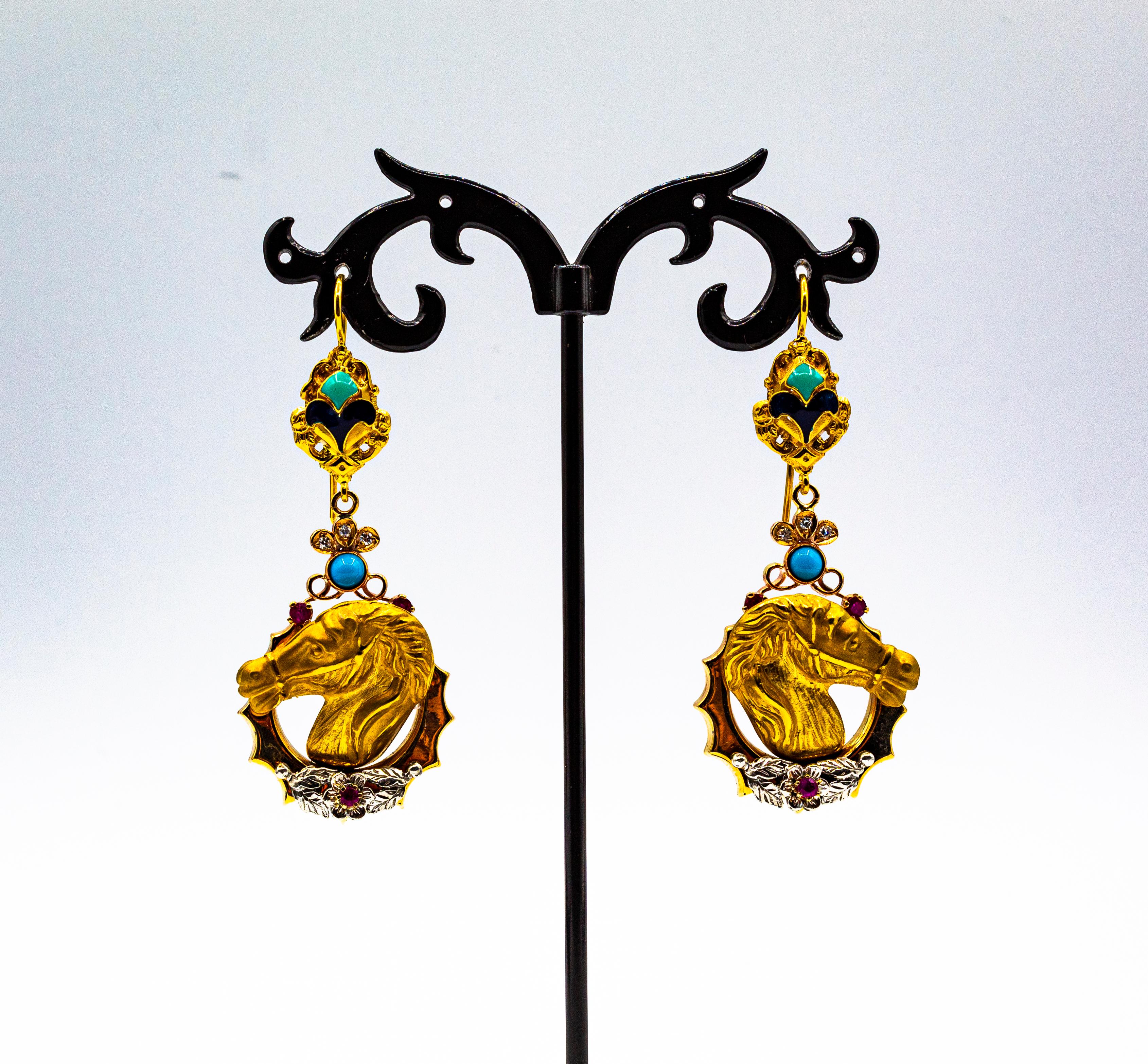 Orecchini in stile Art Nouveau con diamante bianco, rubino, smalto e turchese in oro giallo in vendita 3
