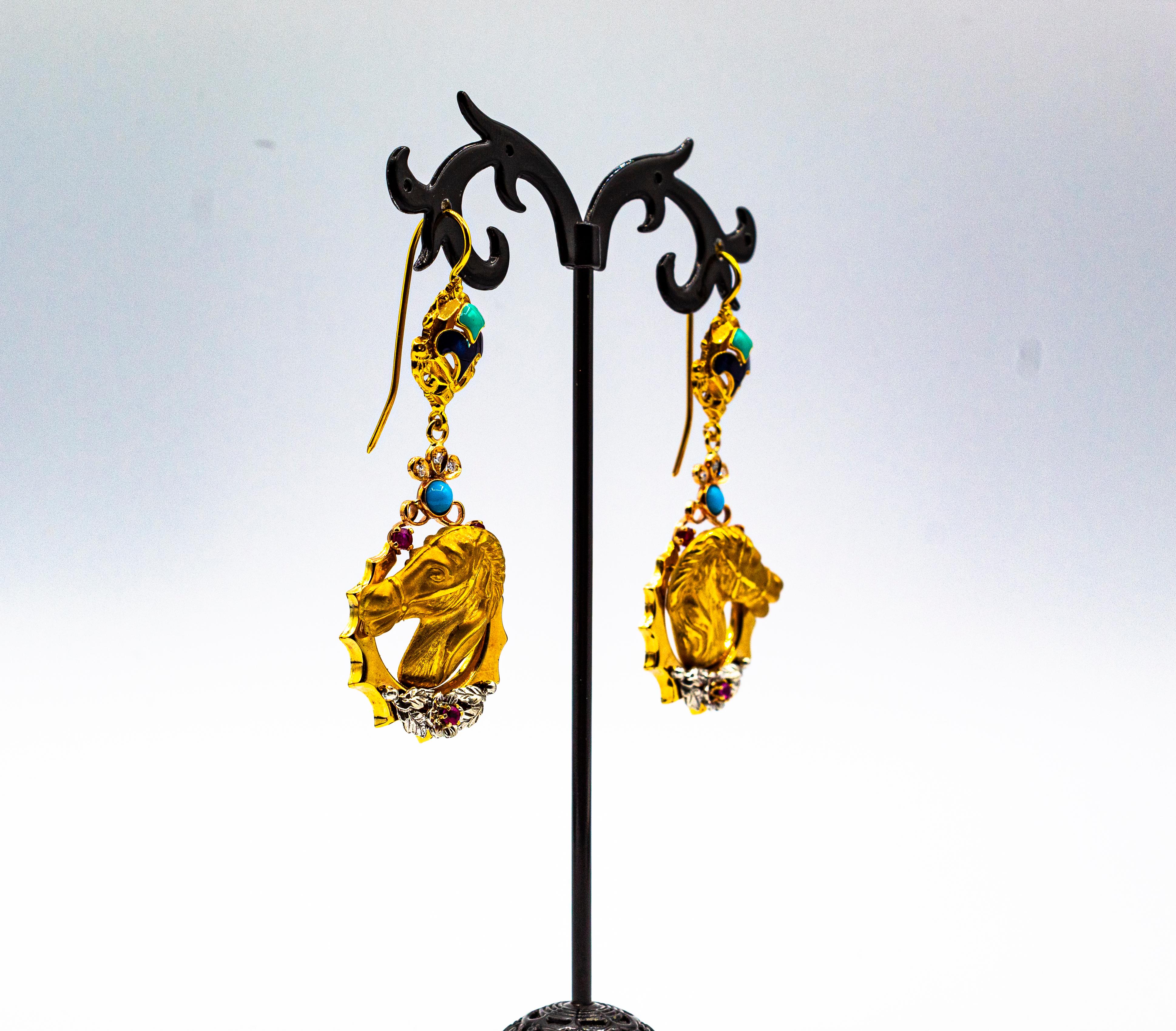 Orecchini in stile Art Nouveau con diamante bianco, rubino, smalto e turchese in oro giallo in vendita 4