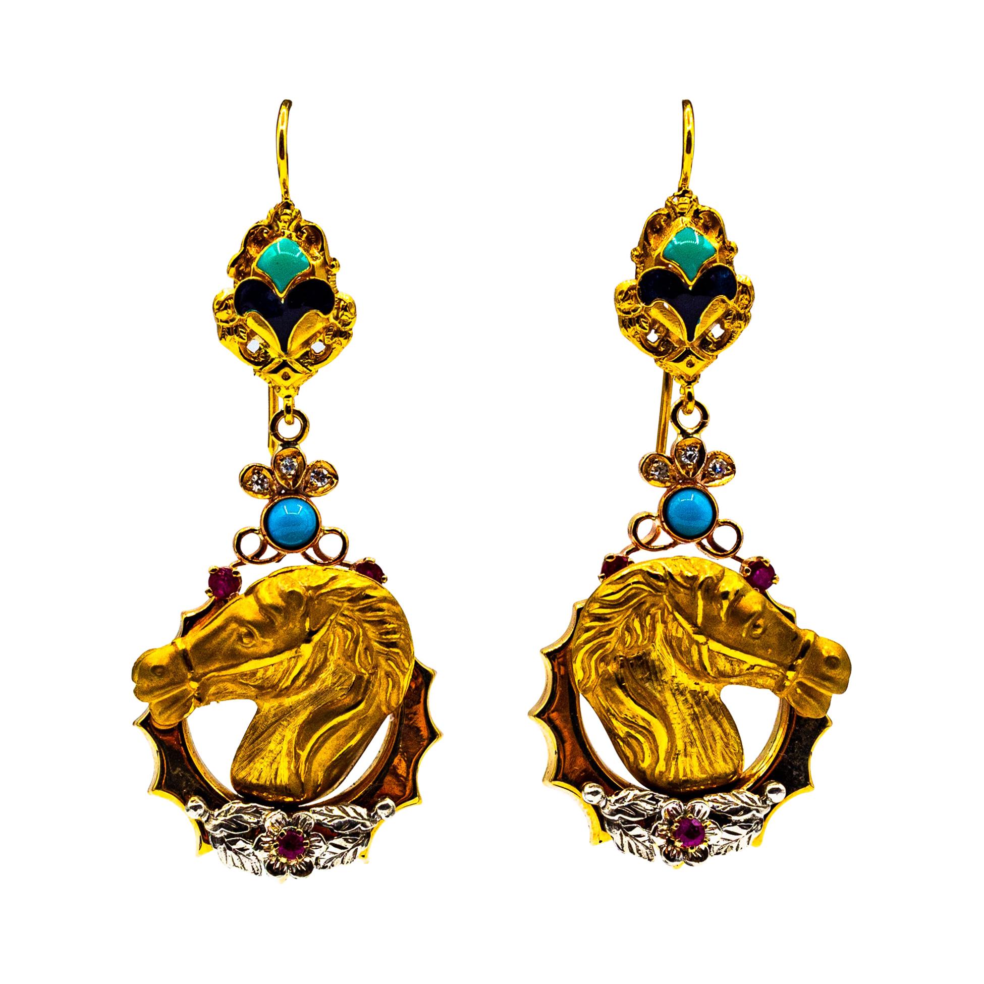 Clous d'oreilles de style Art Nouveau en or jaune avec diamants blancs, rubis, émail et turquoises