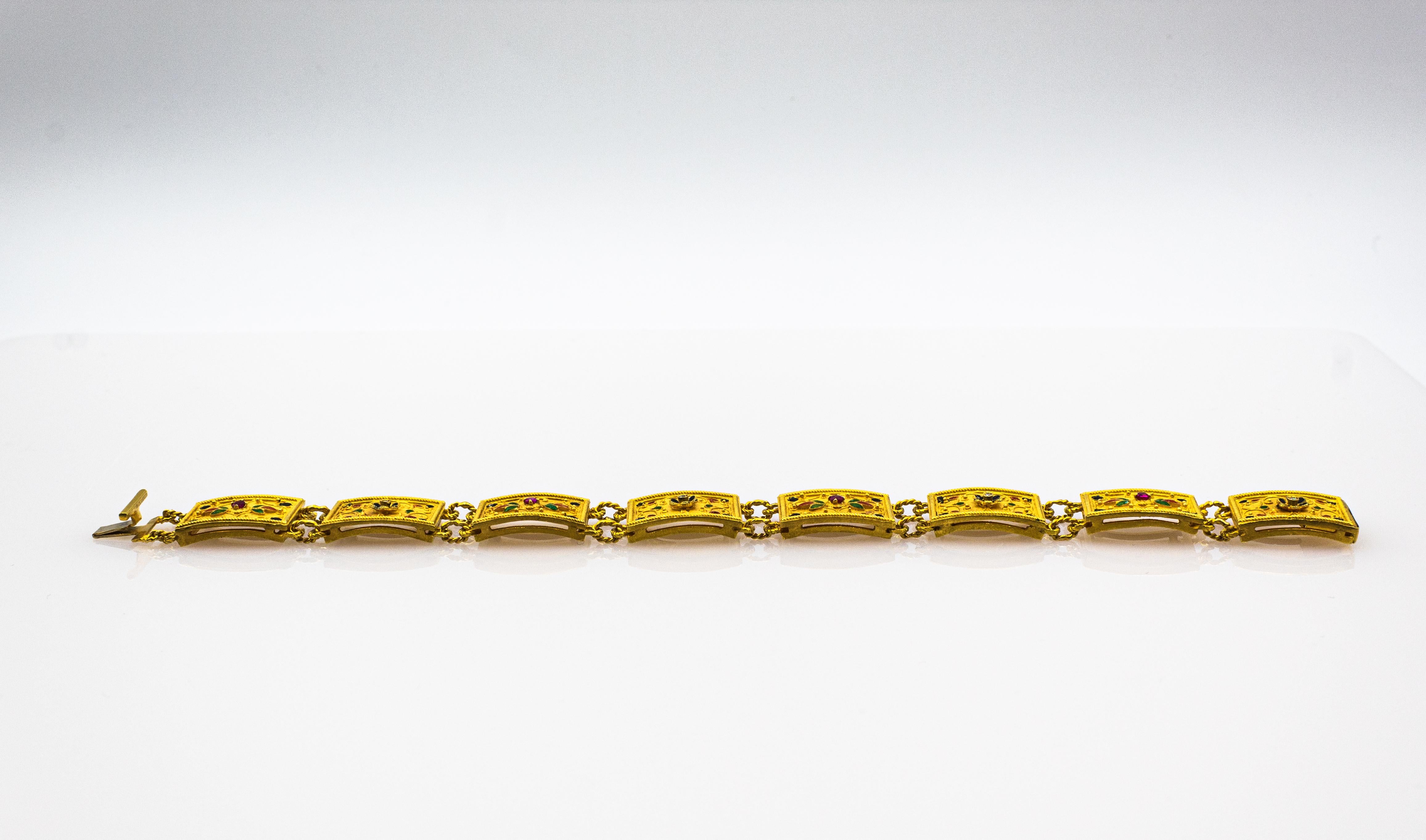 Brilliant Cut Art Nouveau Style White Diamond Ruby Enamel Yellow Gold Retro Bracelet