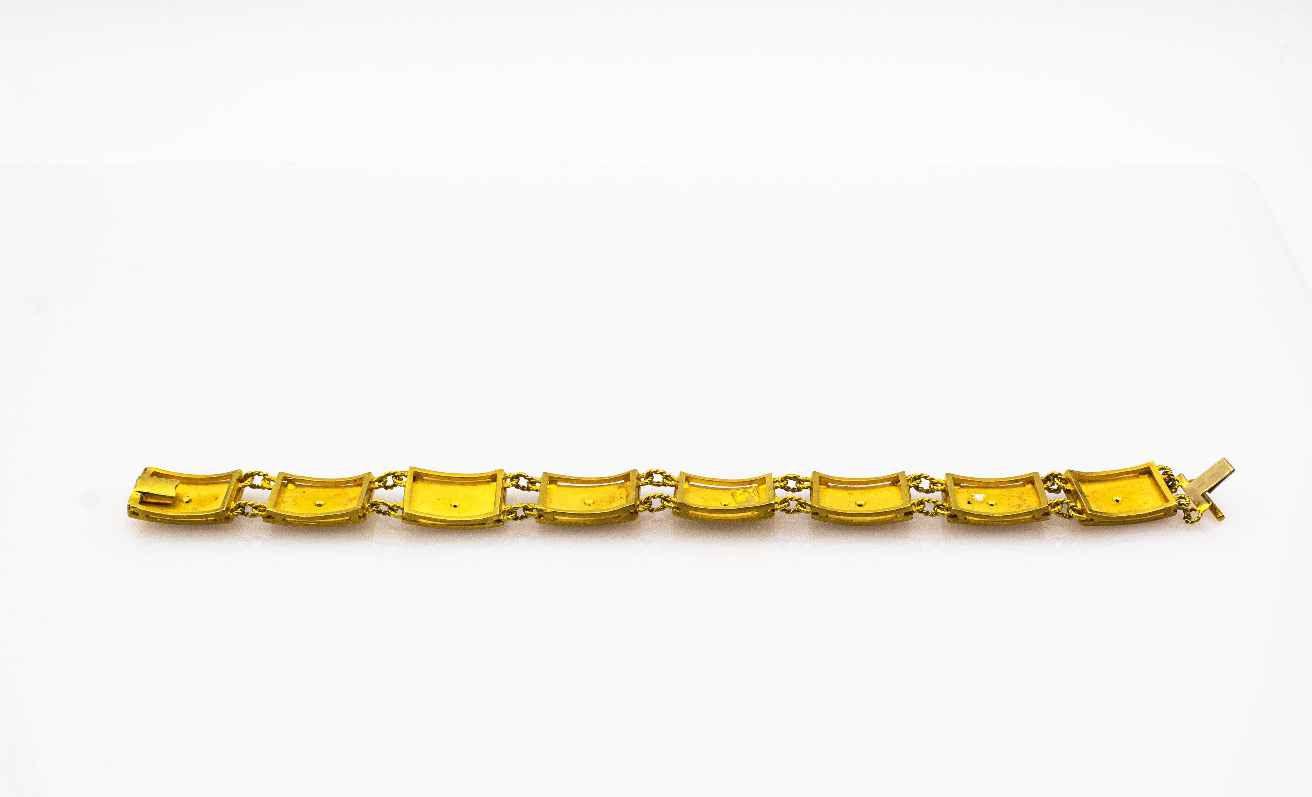 Art Nouveau Style White Diamond Ruby Enamel Yellow Gold Retro Bracelet In New Condition In Naples, IT