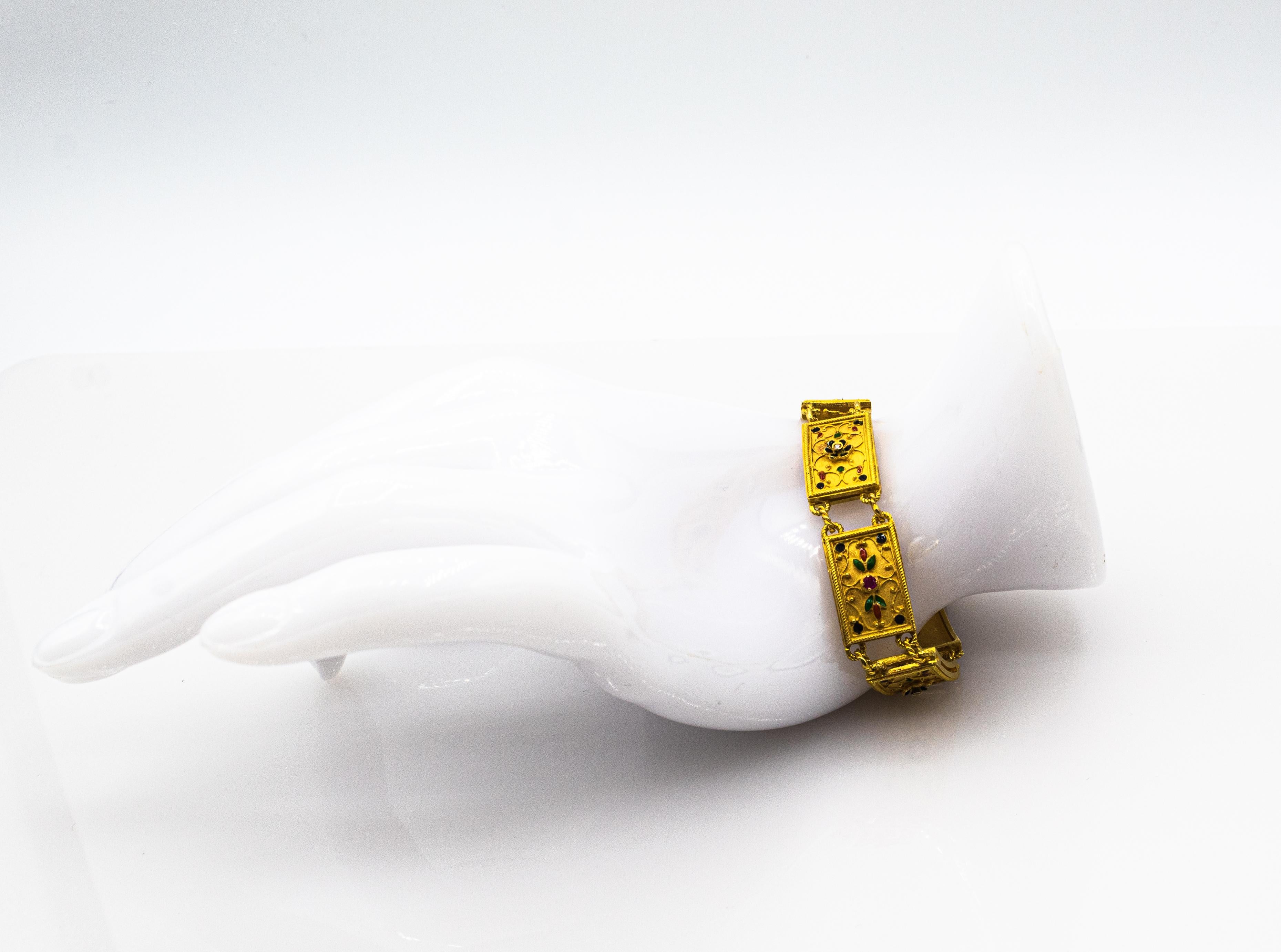Women's or Men's Art Nouveau Style White Diamond Ruby Enamel Yellow Gold Retro Bracelet