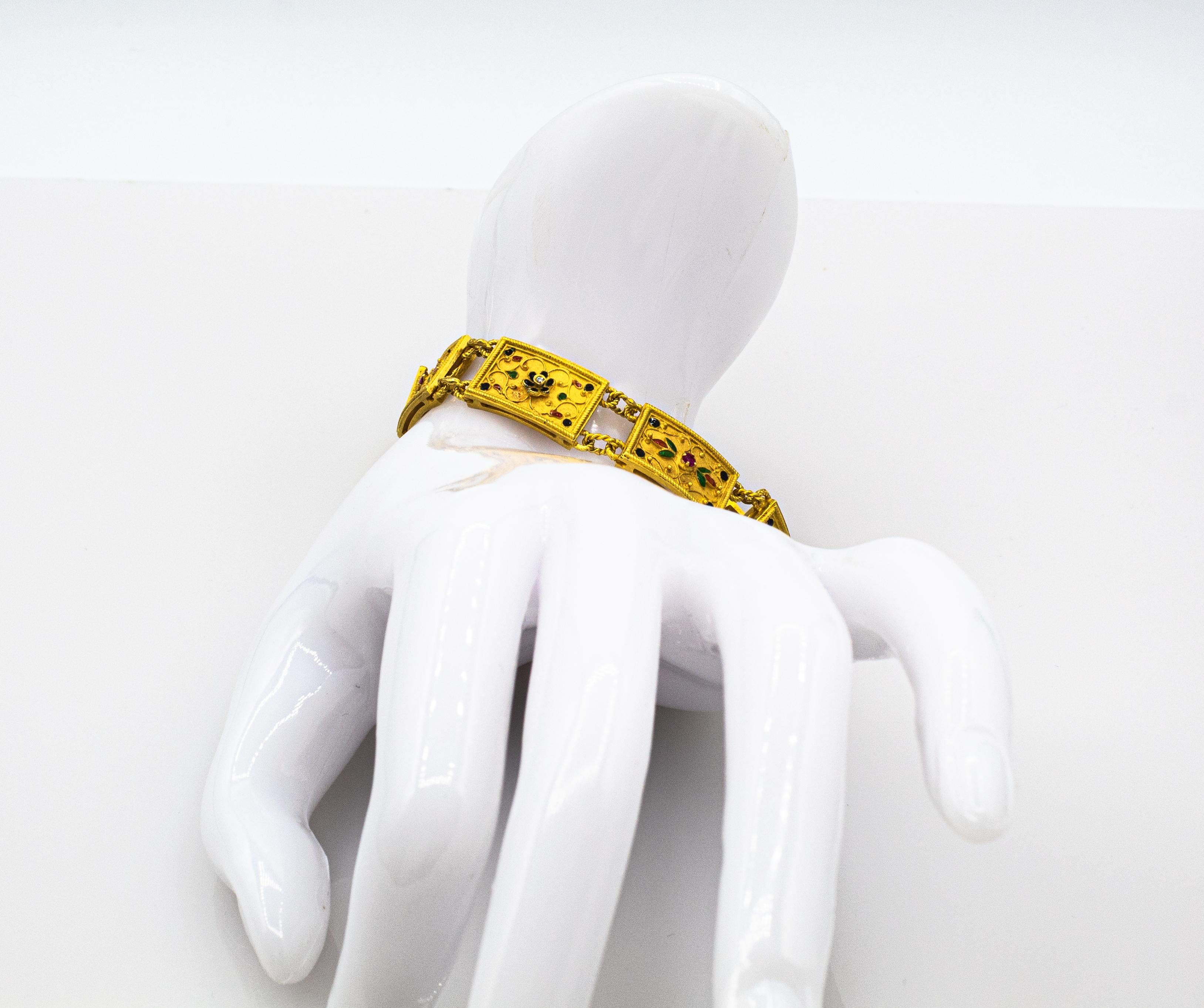 Art Nouveau Style White Diamond Ruby Enamel Yellow Gold Retro Bracelet 1
