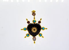 Art Nouveau Style White Diamond Ruby Opal Onyx Turquoise Yellow Gold Pendant