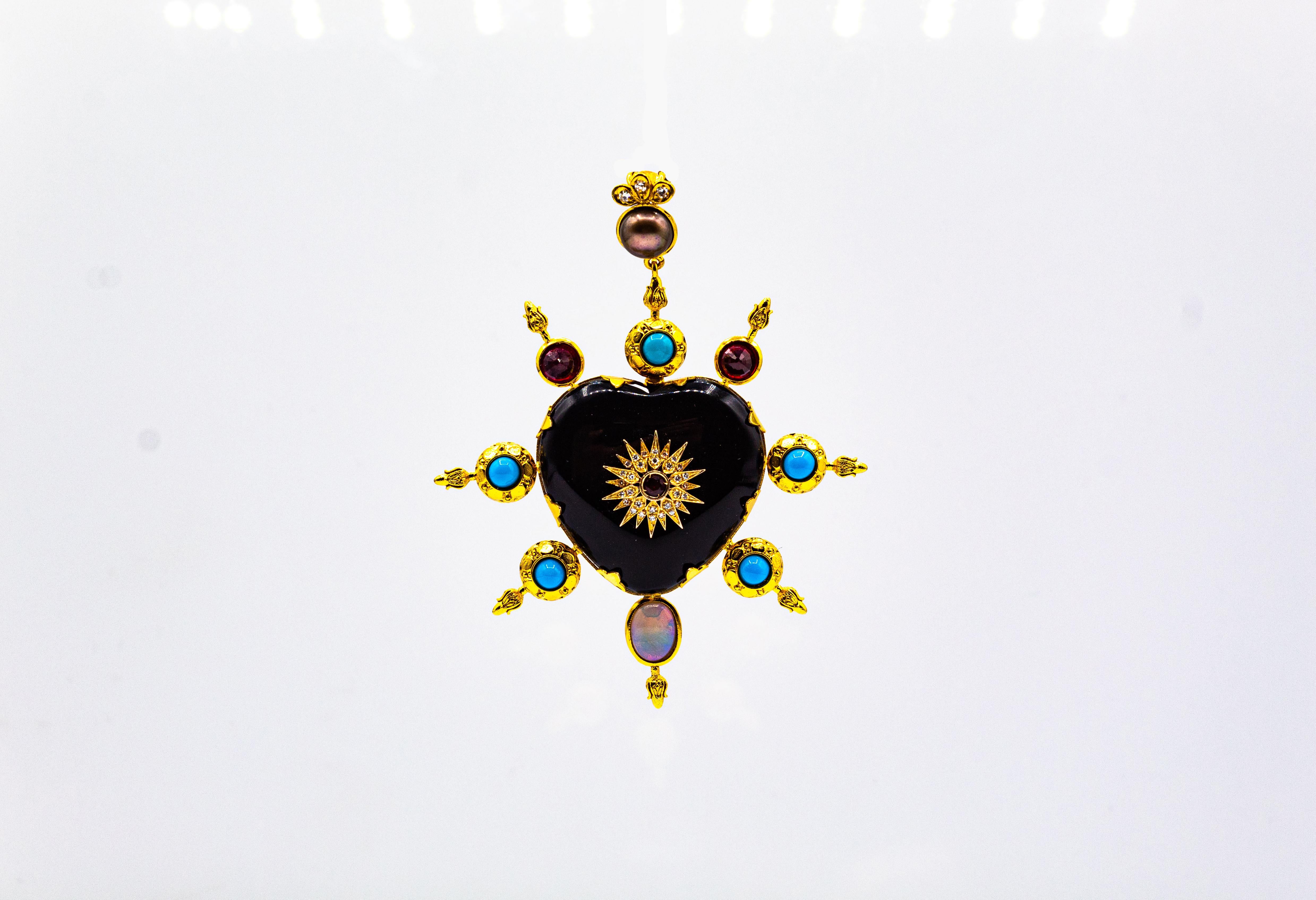 Round Cut Art Nouveau Style White Diamond Ruby Opal Onyx Turquoise Yellow Gold Pendant