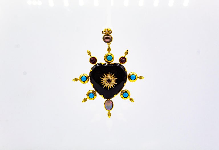 Art Nouveau Style White Diamond Ruby Opal Onyx Turquoise Yellow Gold  Pendant For Sale at 1stDibs