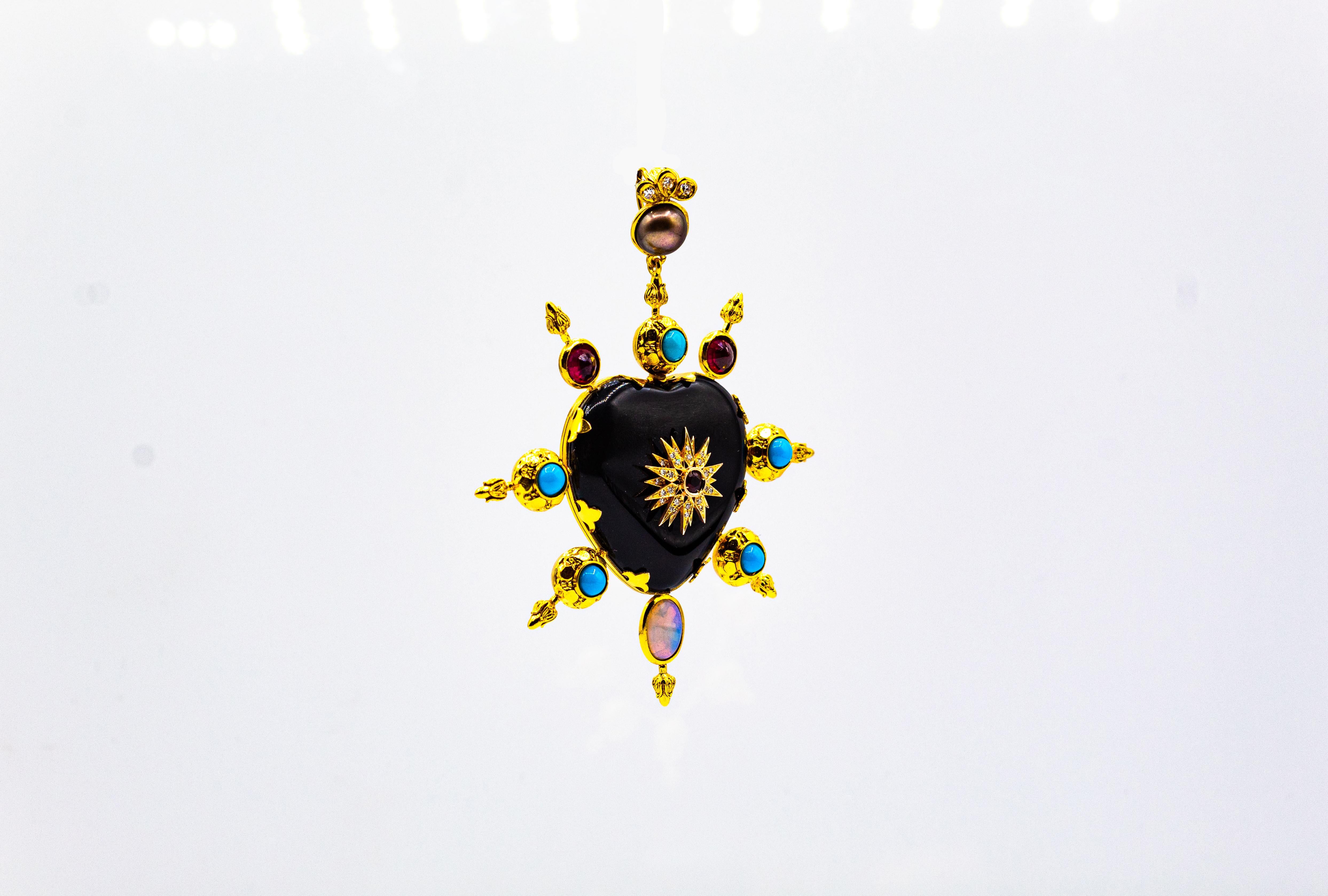 Art Nouveau Style White Diamond Ruby Opal Onyx Turquoise Yellow Gold Pendant In New Condition In Naples, IT