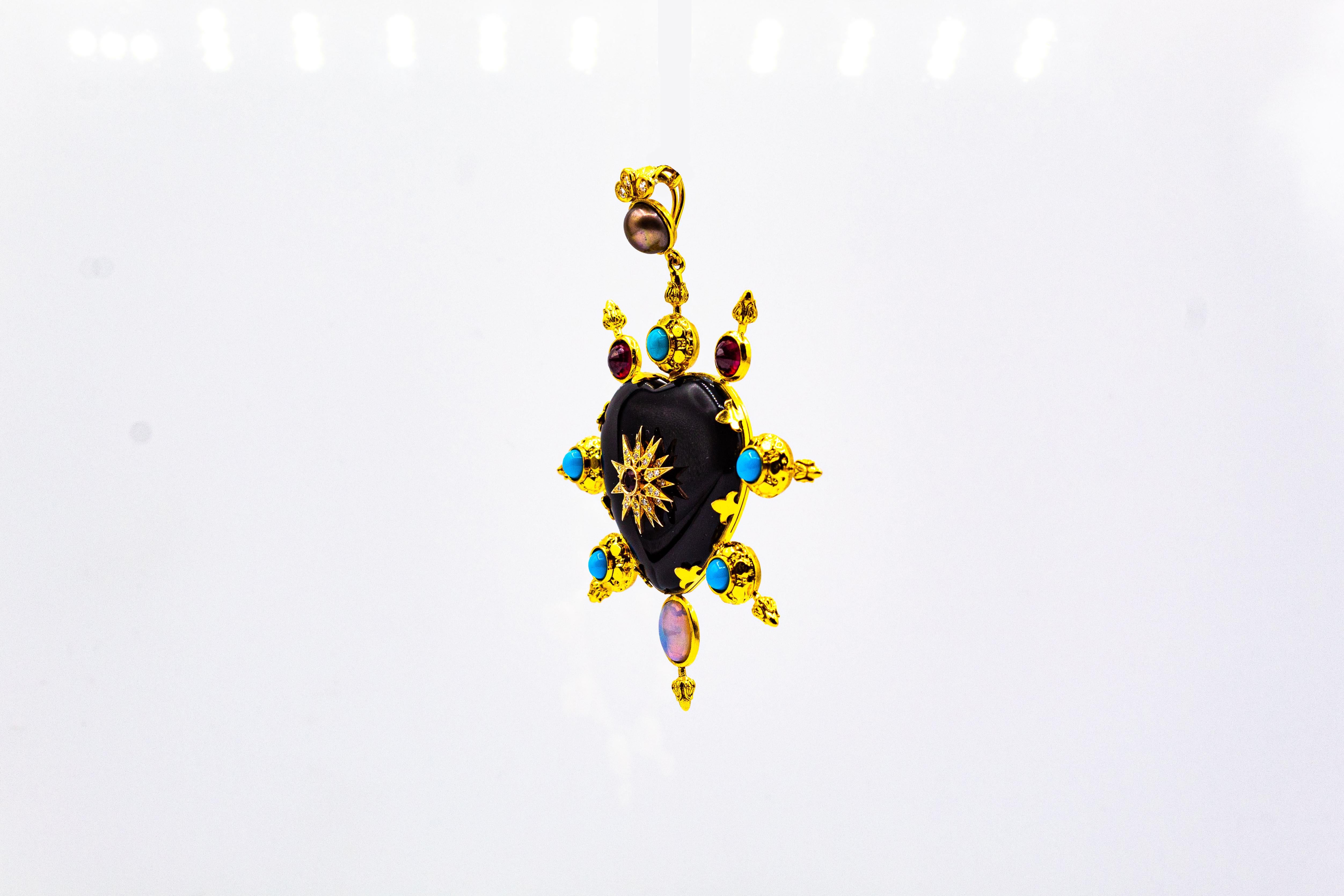 Art Nouveau Style White Diamond Ruby Opal Onyx Turquoise Yellow Gold Pendant 1