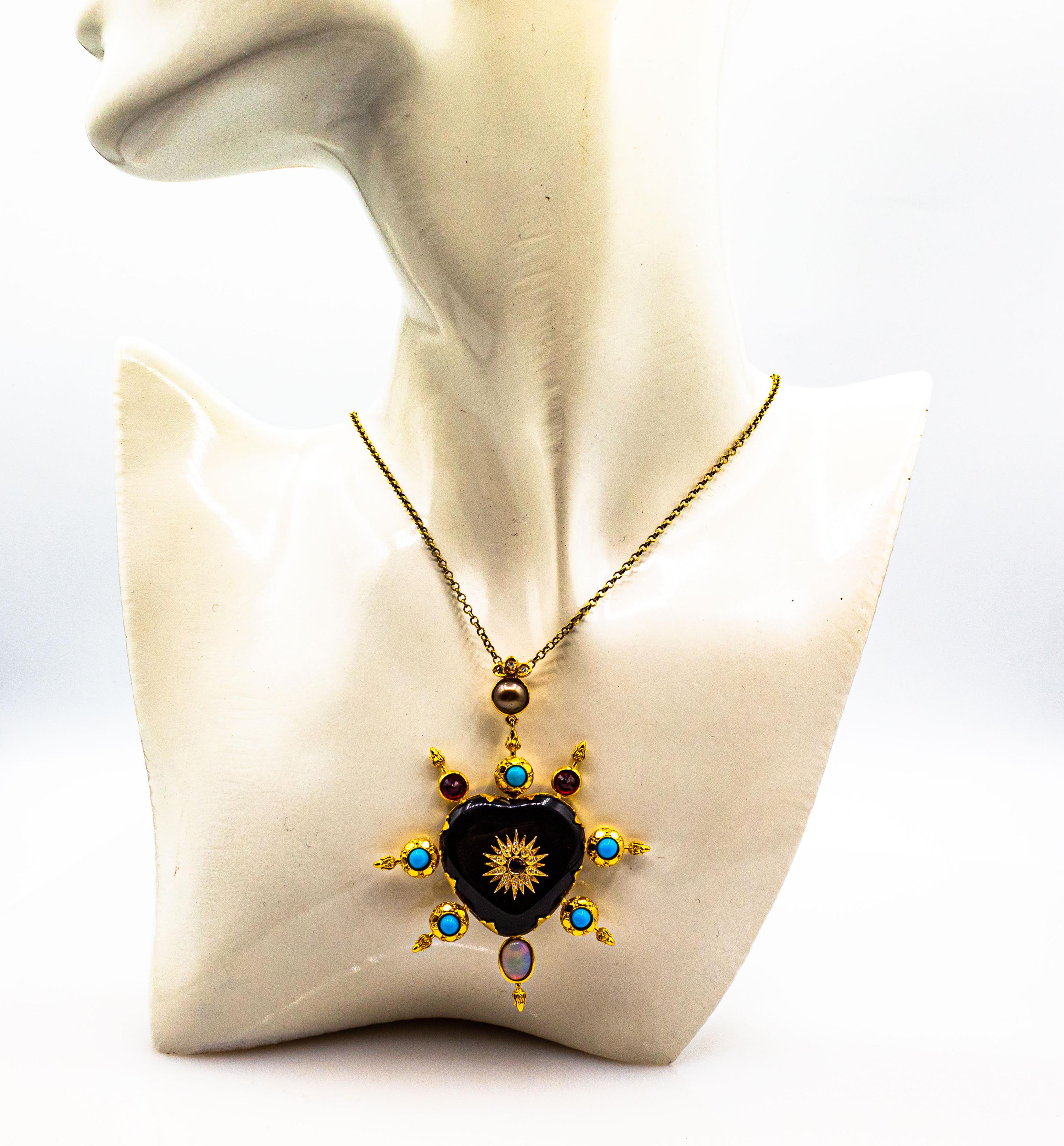 Art Nouveau Style White Diamond Ruby Opal Onyx Turquoise Yellow Gold Pendant 2
