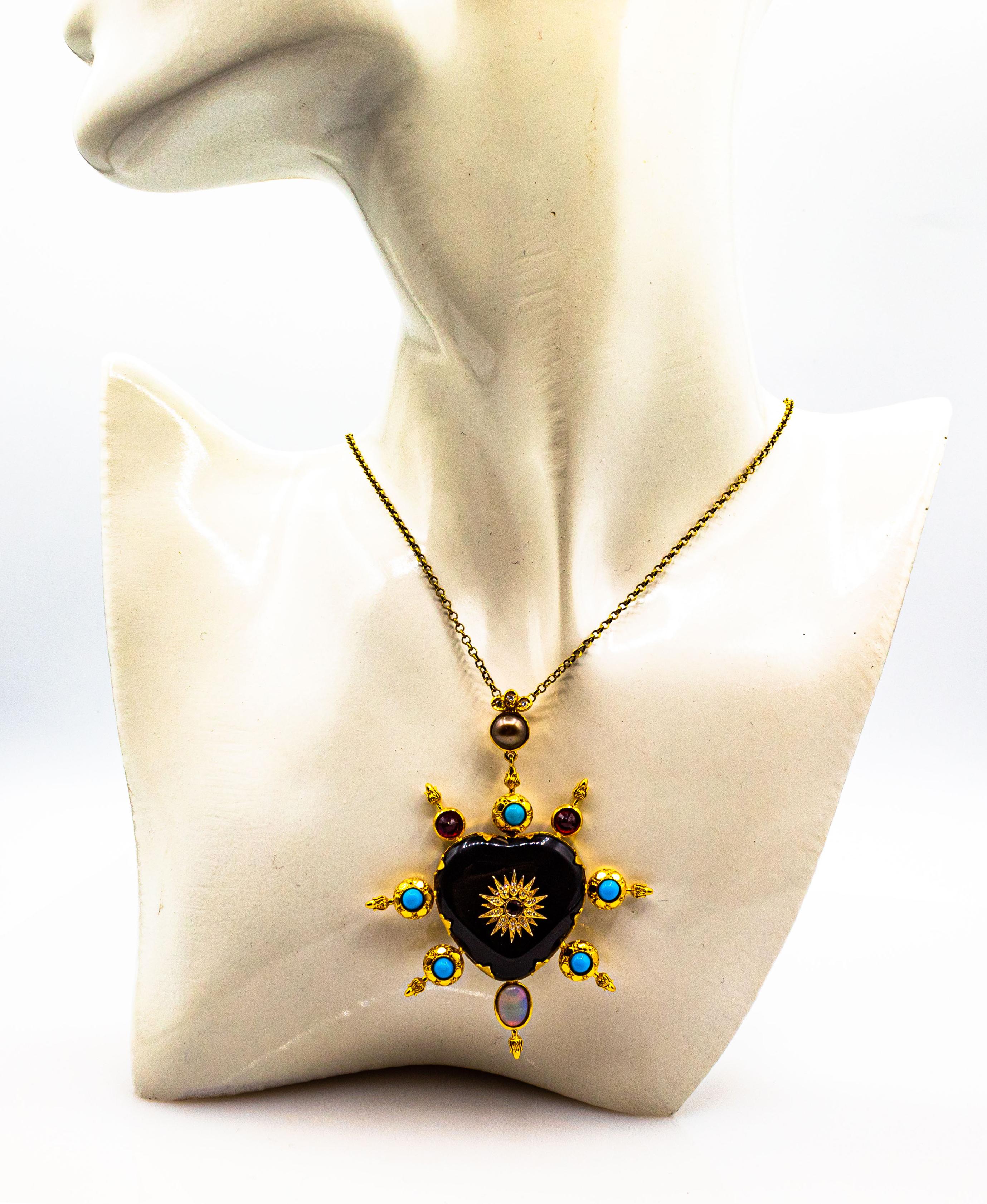 Art Nouveau Style White Diamond Ruby Opal Onyx Turquoise Yellow Gold Pendant 3