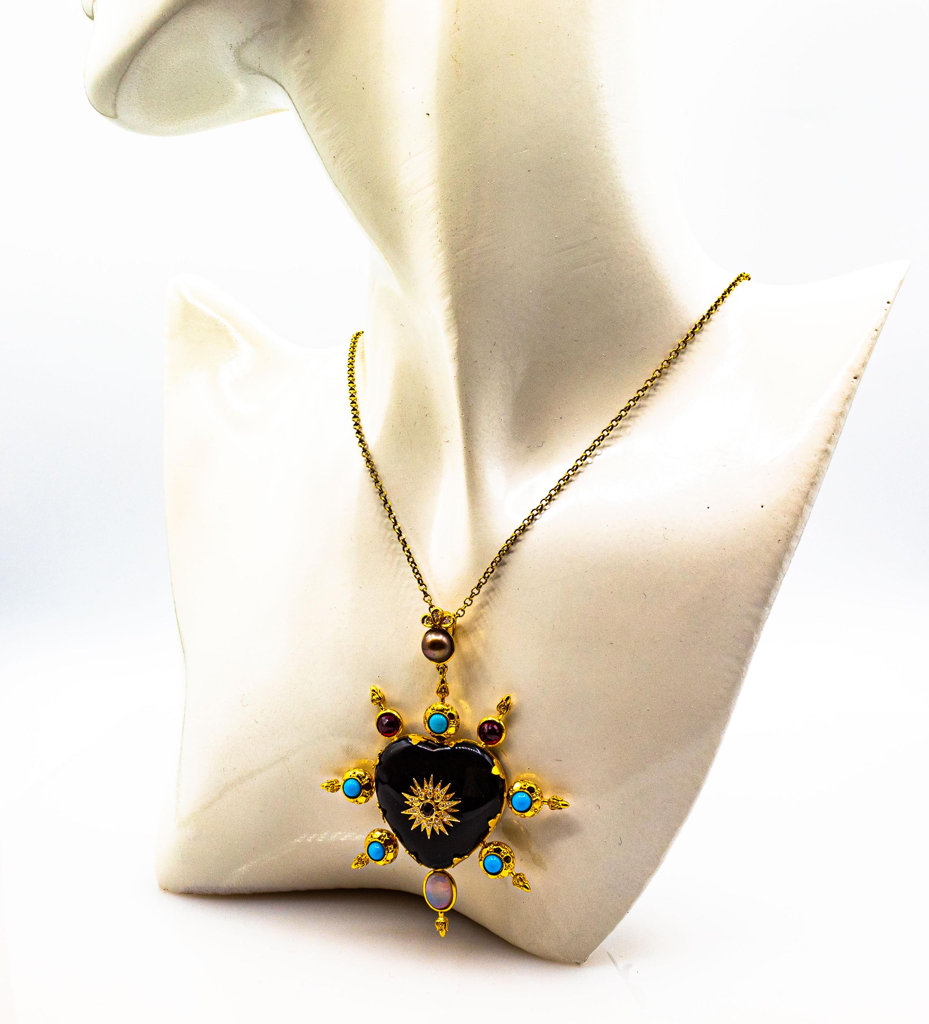 Art Nouveau Style White Diamond Ruby Opal Onyx Turquoise Yellow Gold Pendant 4