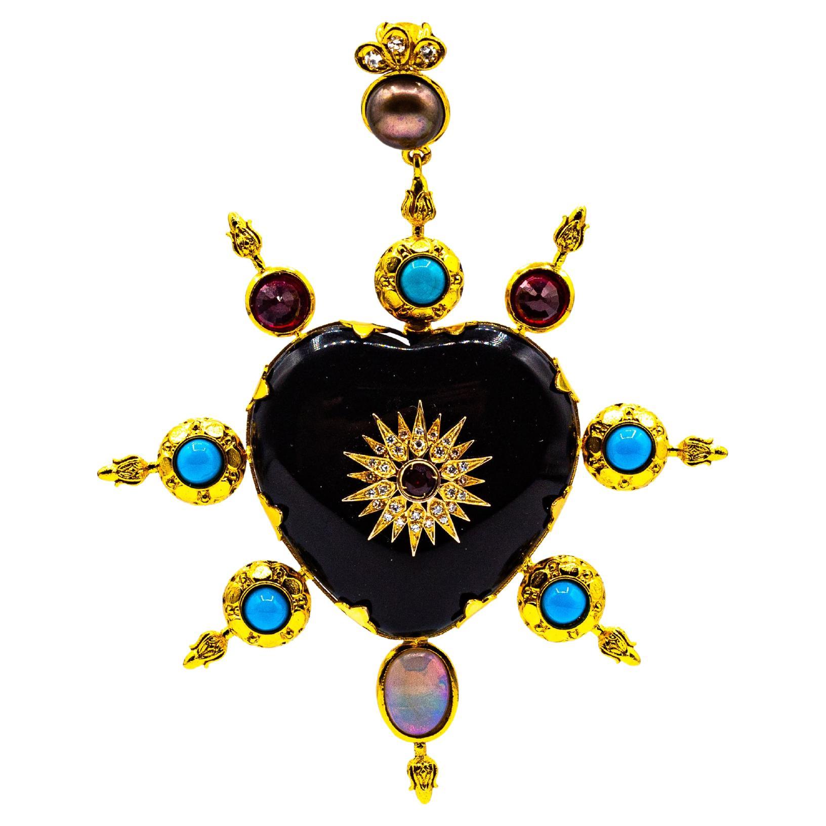 Art Nouveau Style White Diamond Ruby Opal Onyx Turquoise Yellow Gold Pendant