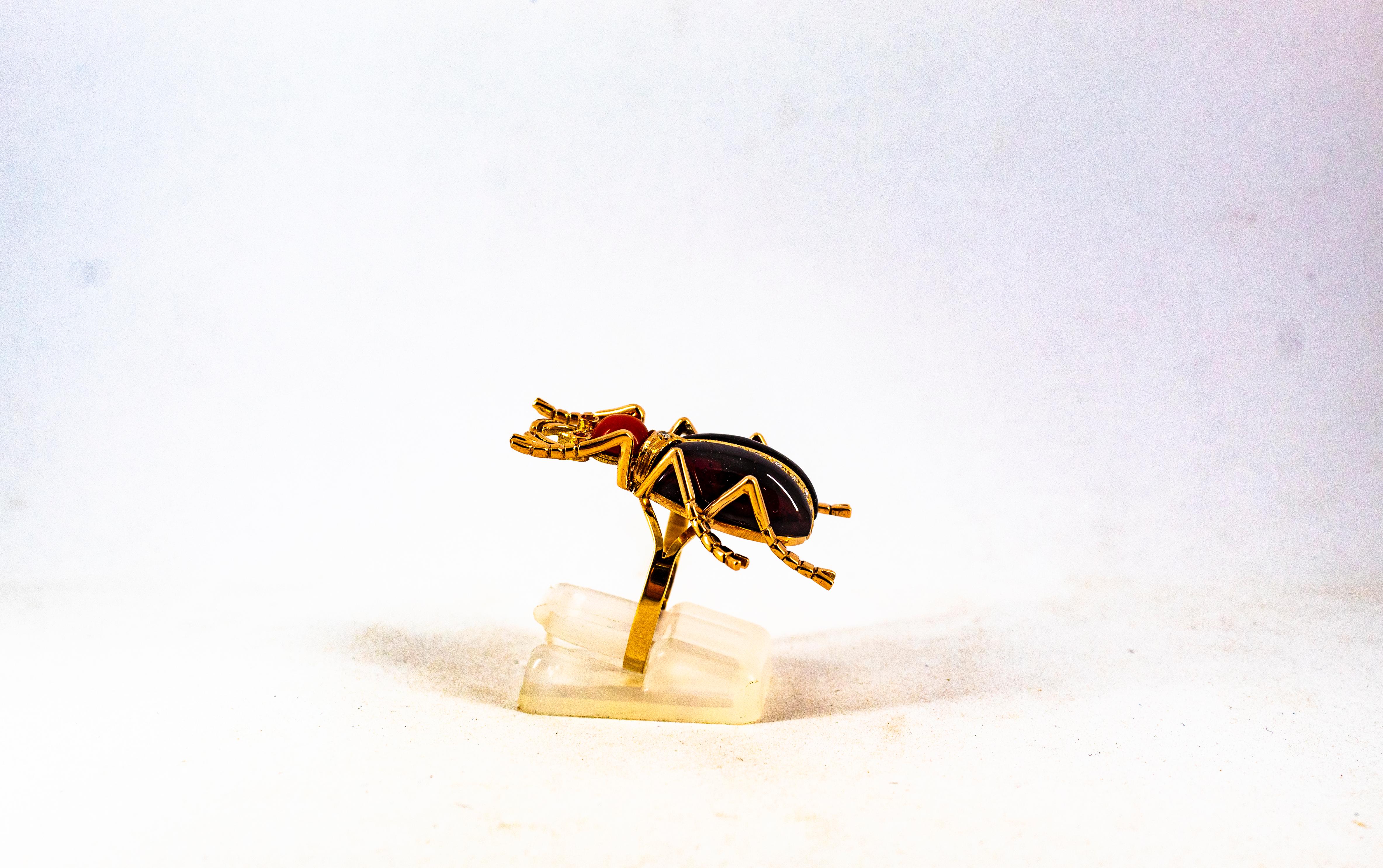 Art Nouveau Style White Diamond Ruby Red Coral Garnet Yellow Gold Cocktail Ring For Sale 5