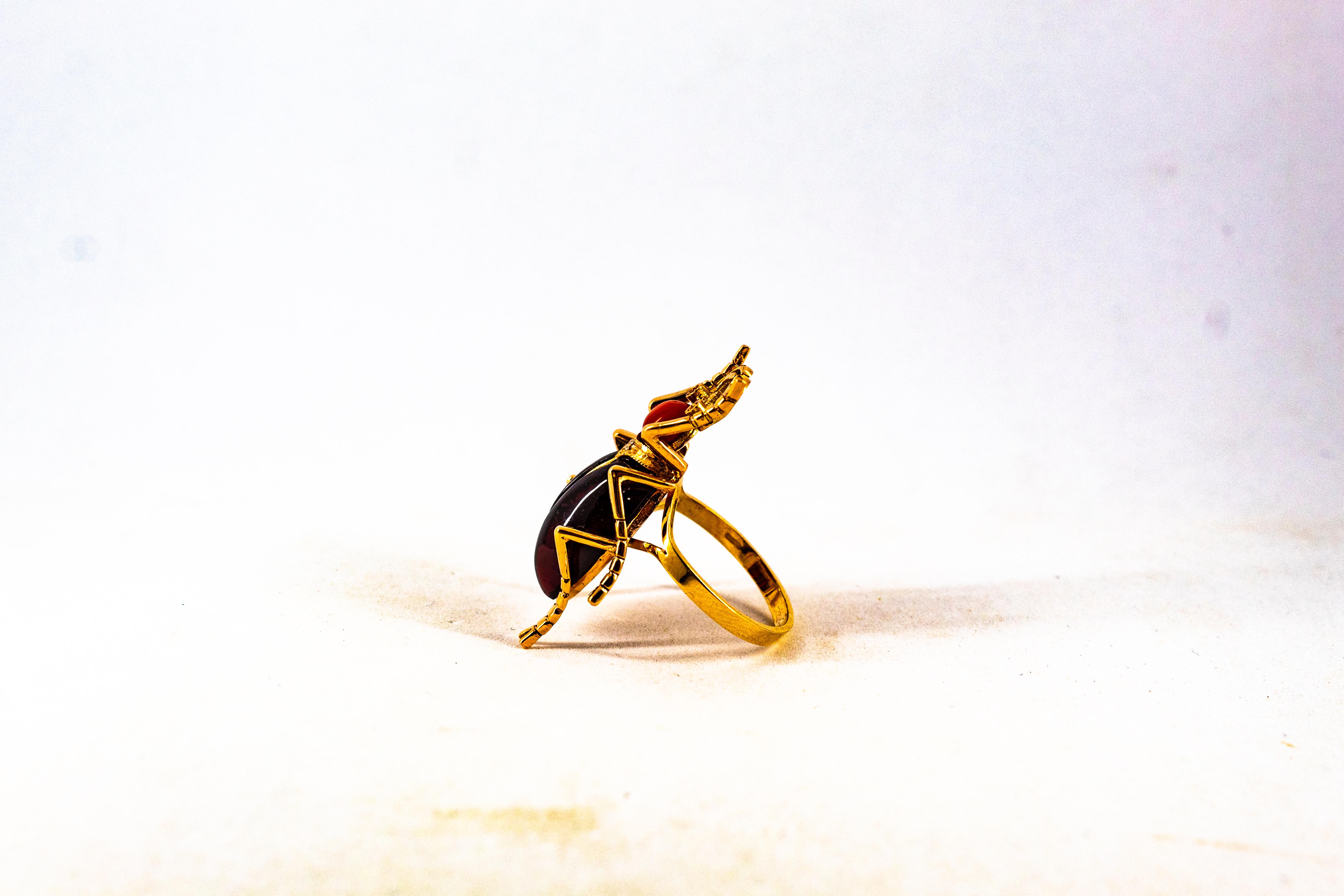 Art Nouveau Style White Diamond Ruby Red Coral Garnet Yellow Gold Cocktail Ring For Sale 7