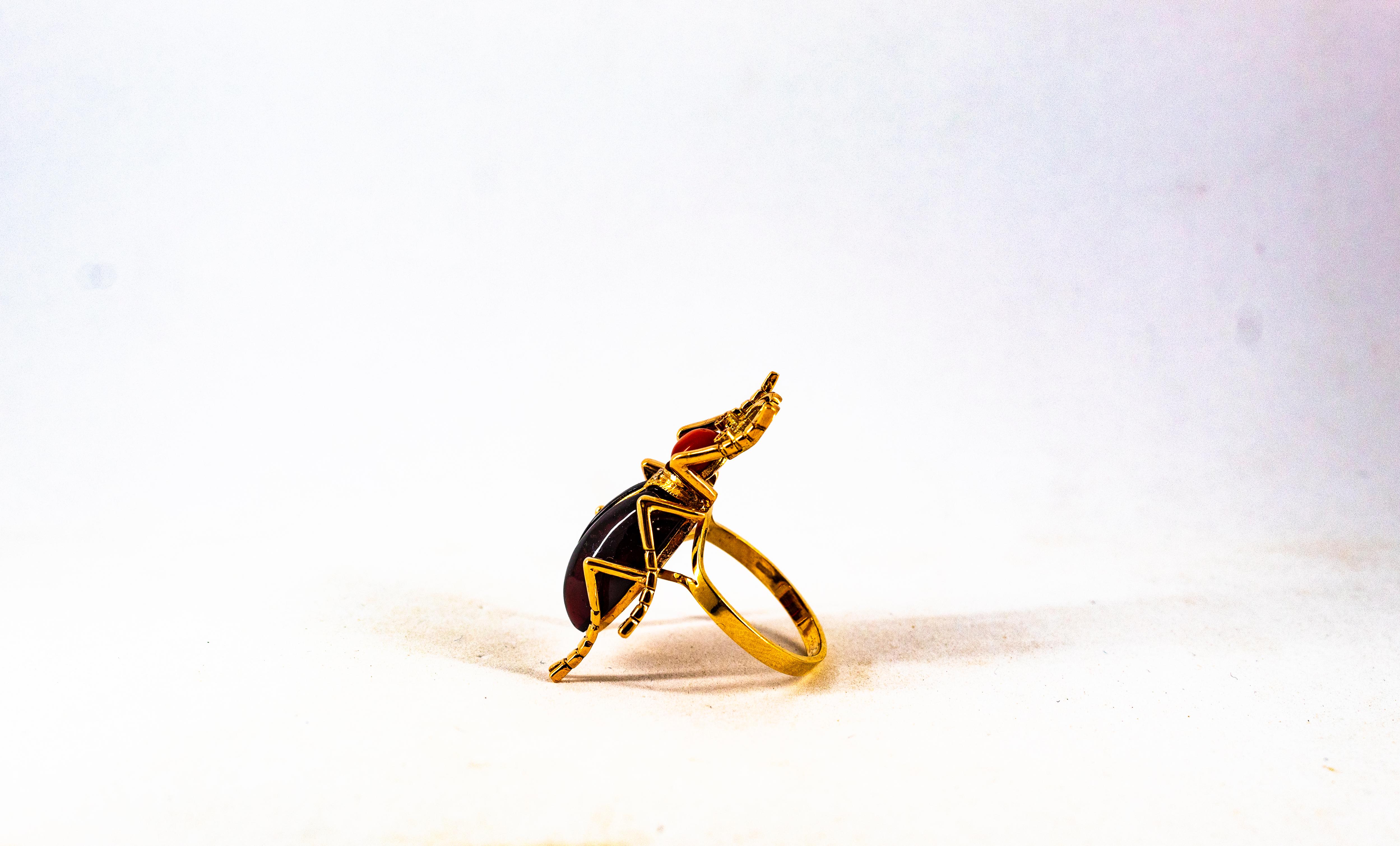 Art Nouveau Style White Diamond Ruby Red Coral Garnet Yellow Gold Cocktail Ring 8