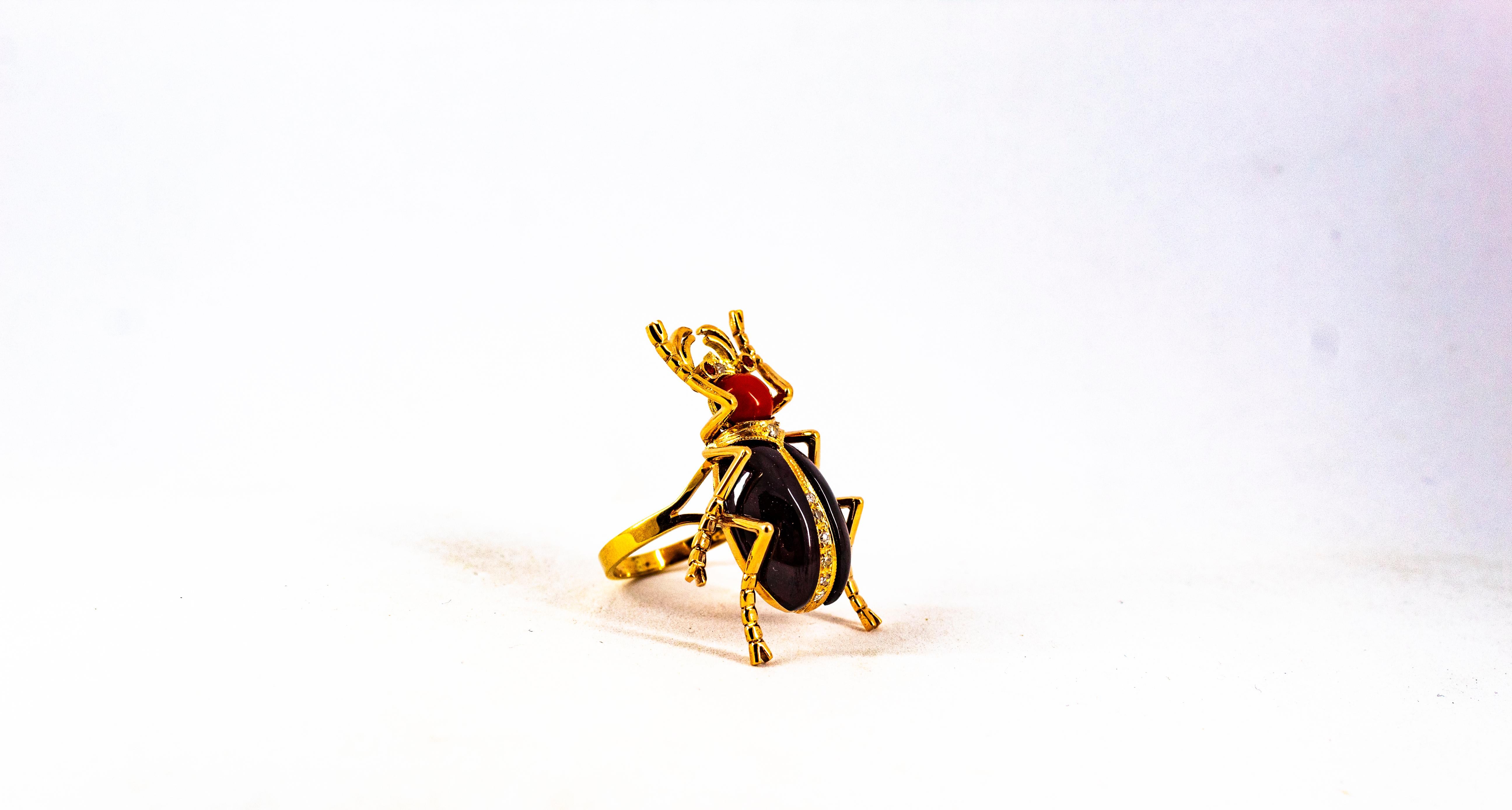 Art Nouveau Style White Diamond Ruby Red Coral Garnet Yellow Gold Cocktail Ring For Sale 9