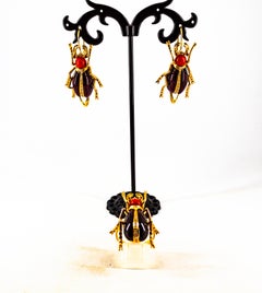 Art Nouveau Style White Diamond Ruby Red Coral Garnet Yellow Gold Cocktail Ring