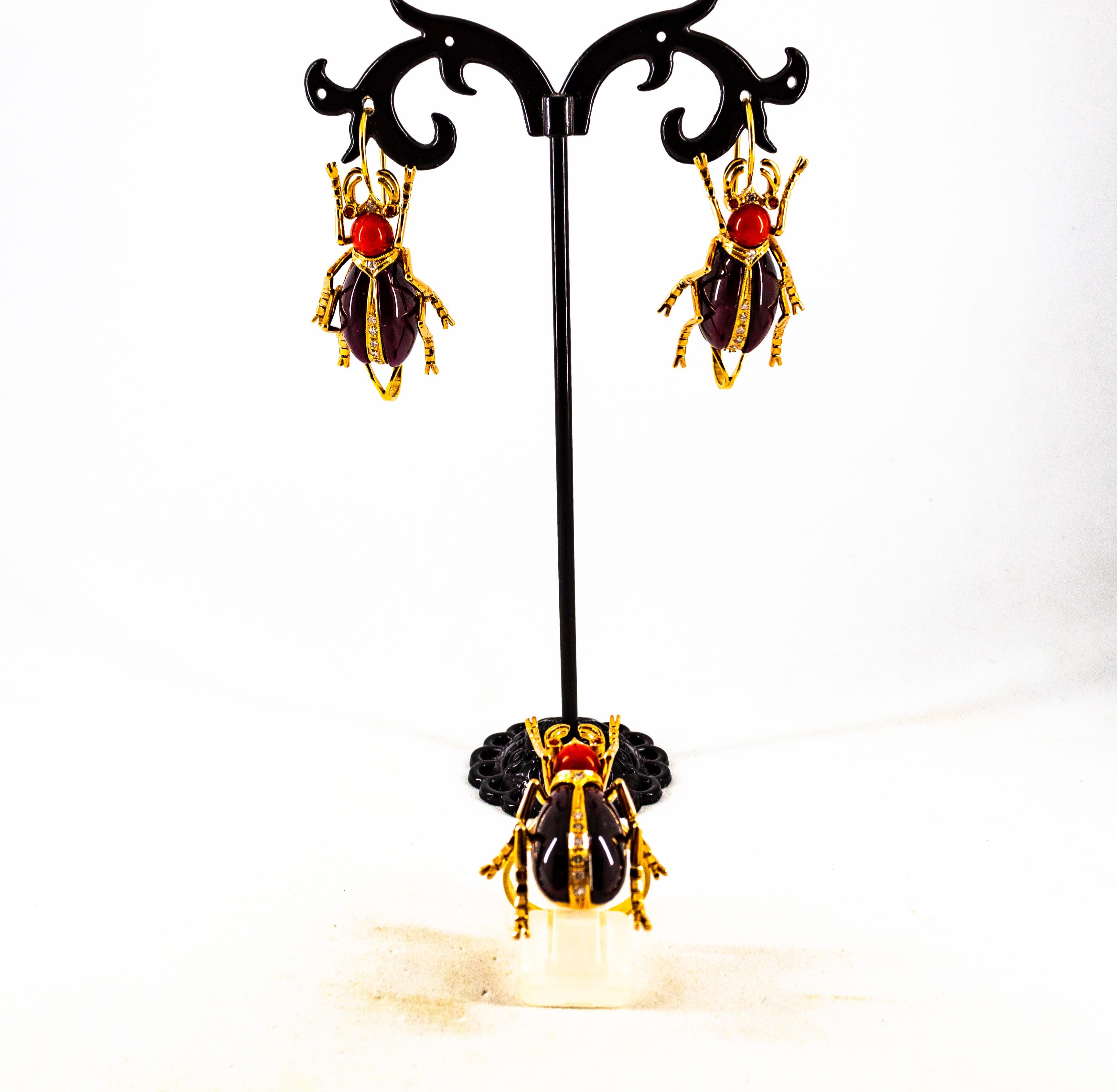 Brilliant Cut Art Nouveau Style White Diamond Ruby Red Coral Garnet Yellow Gold Cocktail Ring For Sale