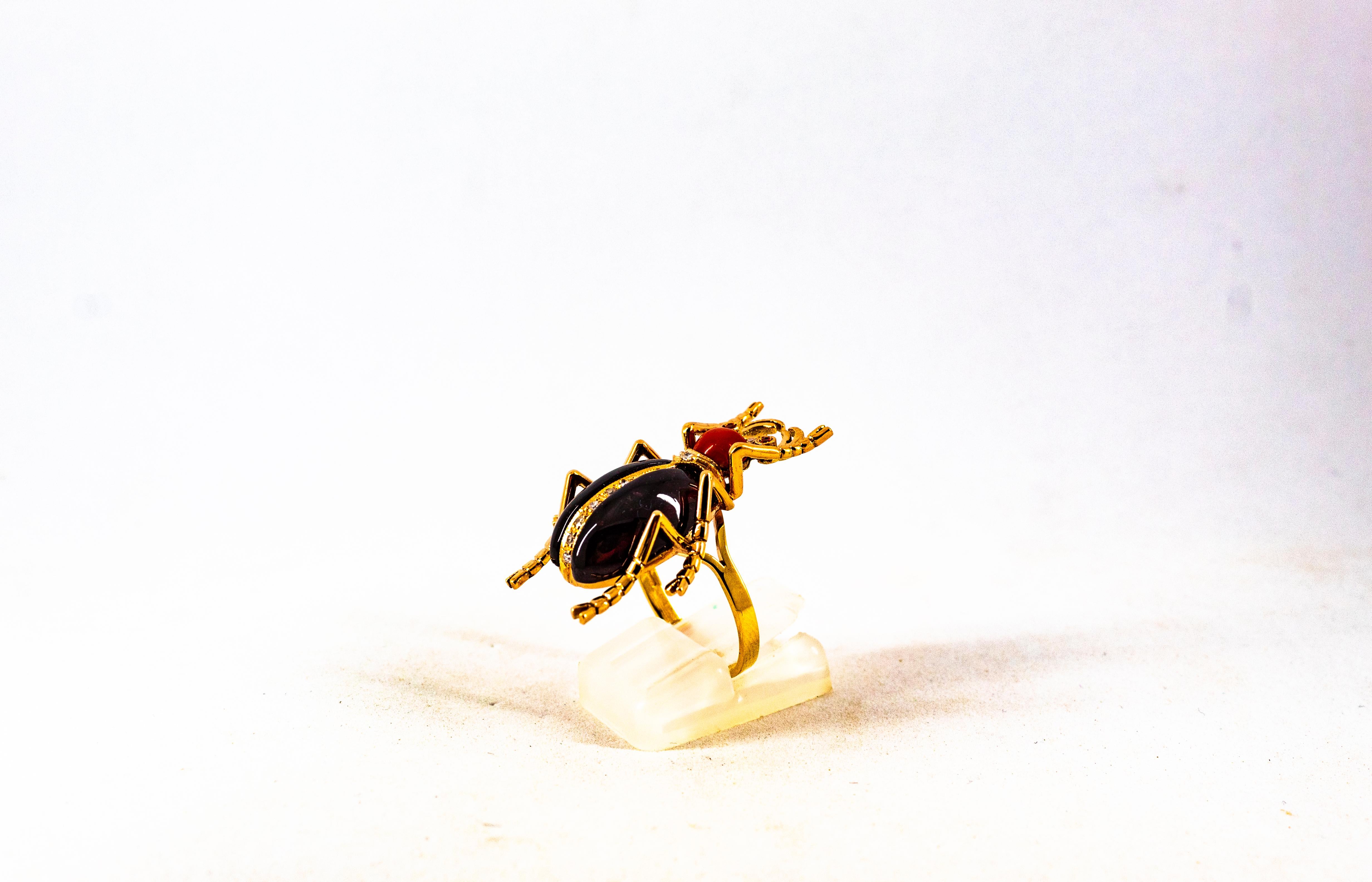 Art Nouveau Style White Diamond Ruby Red Coral Garnet Yellow Gold Cocktail Ring For Sale 1