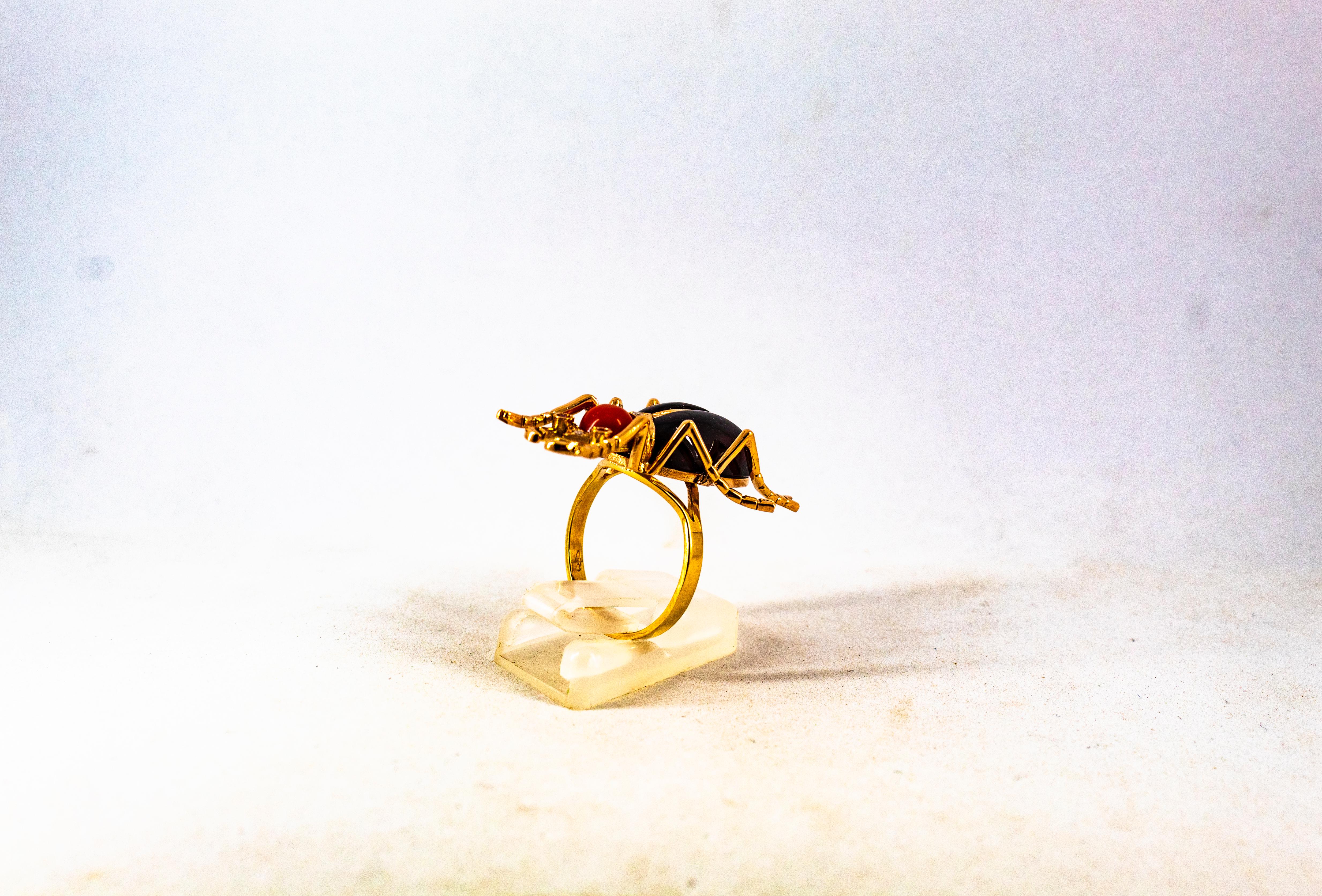 Art Nouveau Style White Diamond Ruby Red Coral Garnet Yellow Gold Cocktail Ring 3