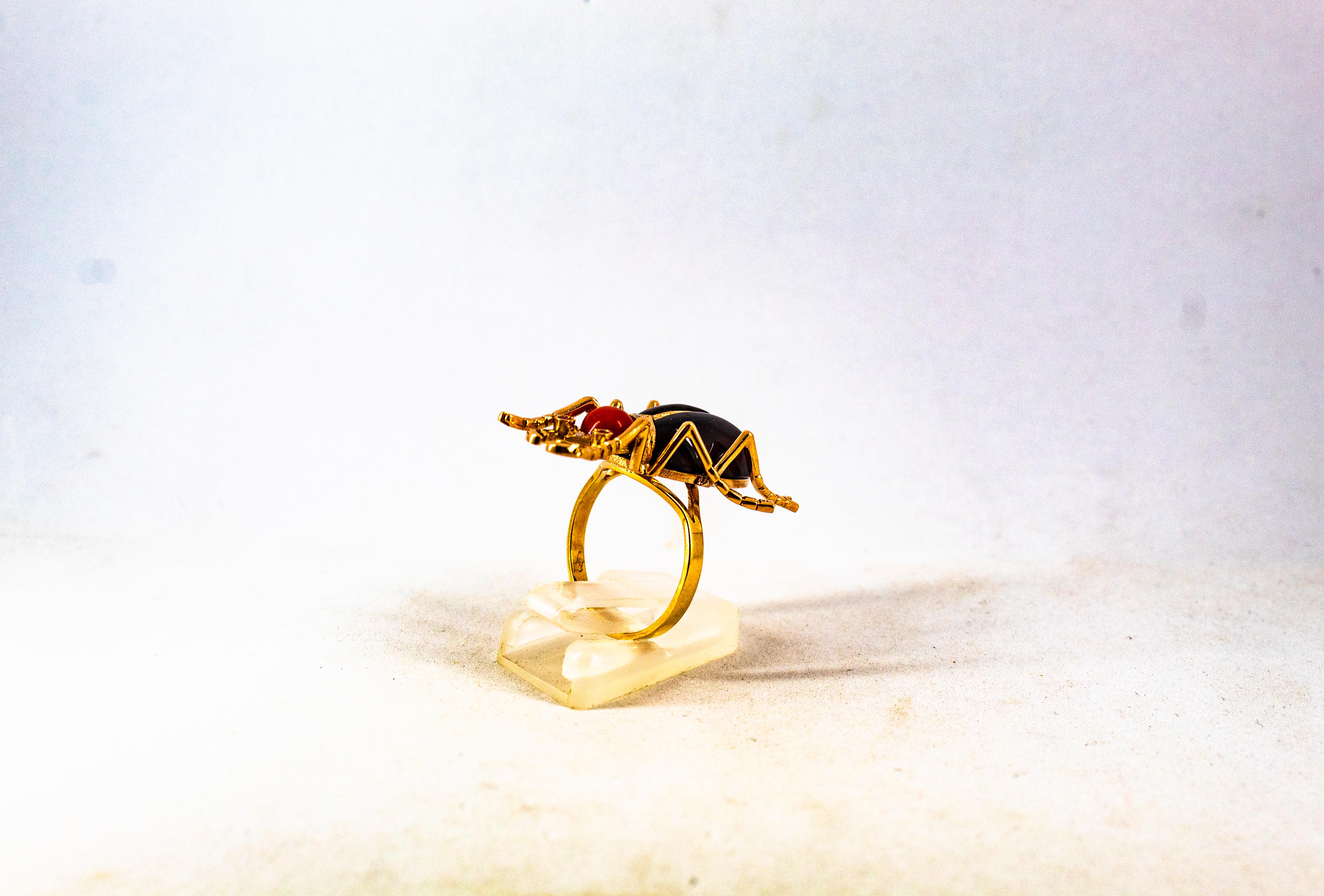 Art Nouveau Style White Diamond Ruby Red Coral Garnet Yellow Gold Cocktail Ring For Sale 4