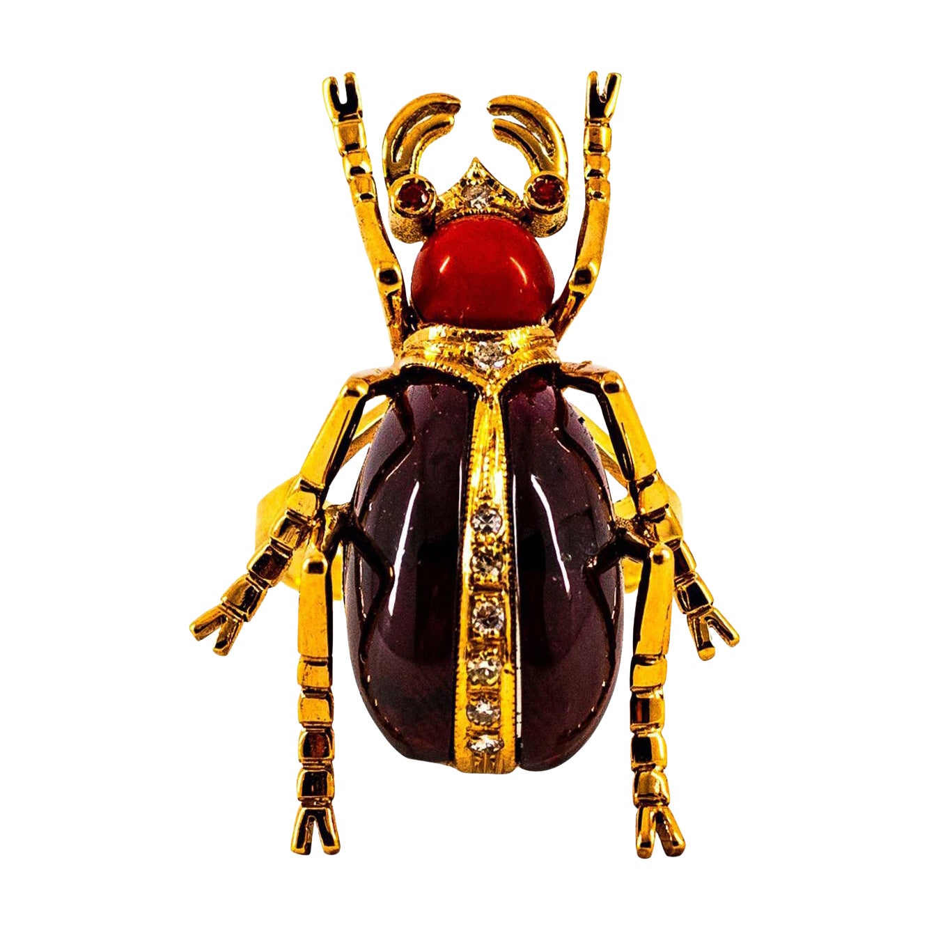 Art Nouveau Style White Diamond Ruby Red Coral Garnet Yellow Gold Cocktail Ring For Sale