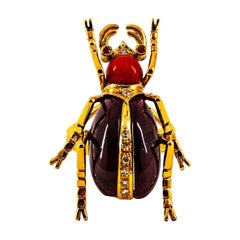 Art Nouveau Style White Diamond Ruby Red Coral Garnet Yellow Gold Cocktail Ring