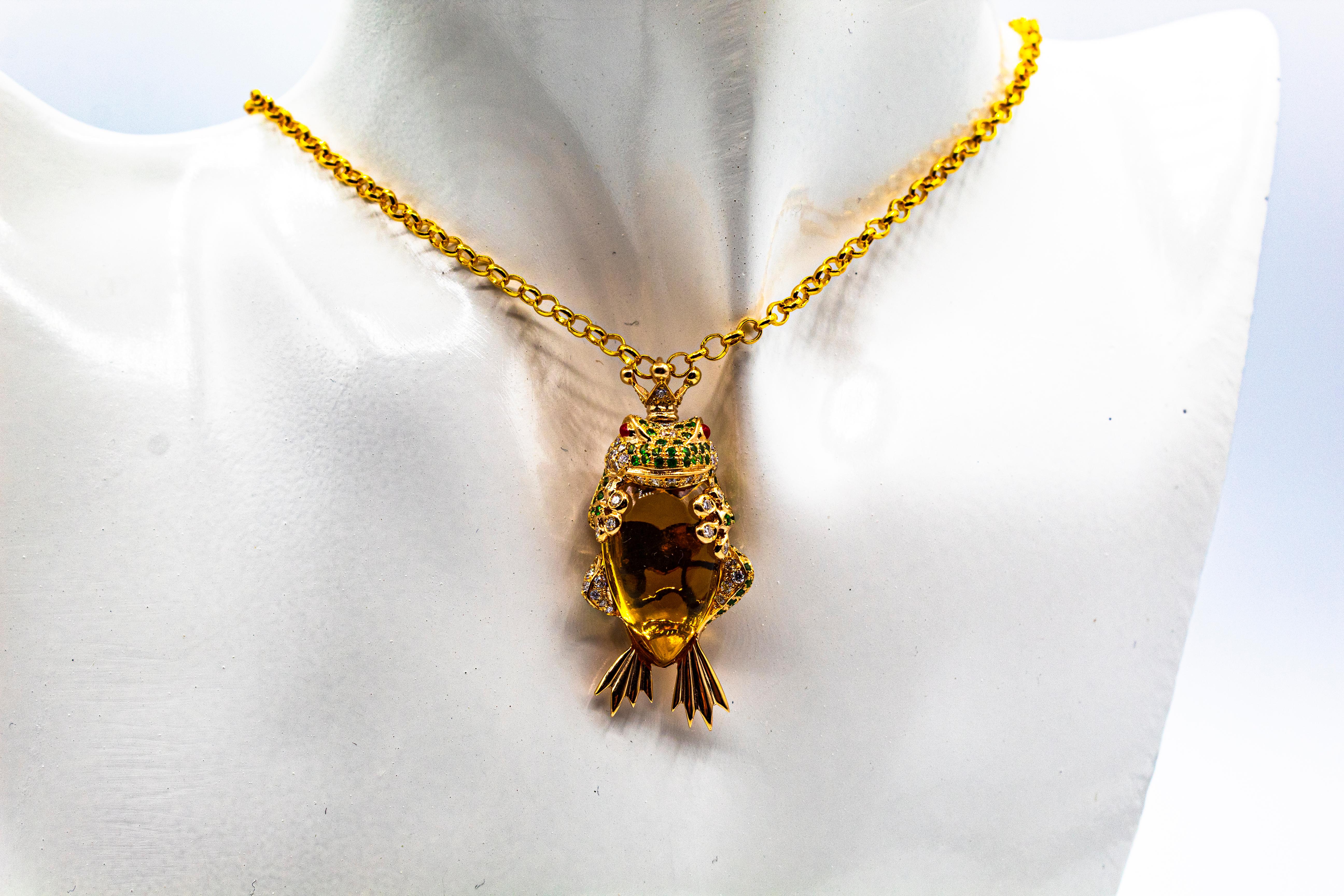 This Necklace is made of 14K Yellow Gold.
This Necklace has 0.80 Carats of White Brilliant Cut Diamonds.
This Necklace has 1.30 Carats of Tsavorite.
This Necklace has a 12.50 Carats Citrine.
This Necklace has Enamel.

This Pendant has its matching