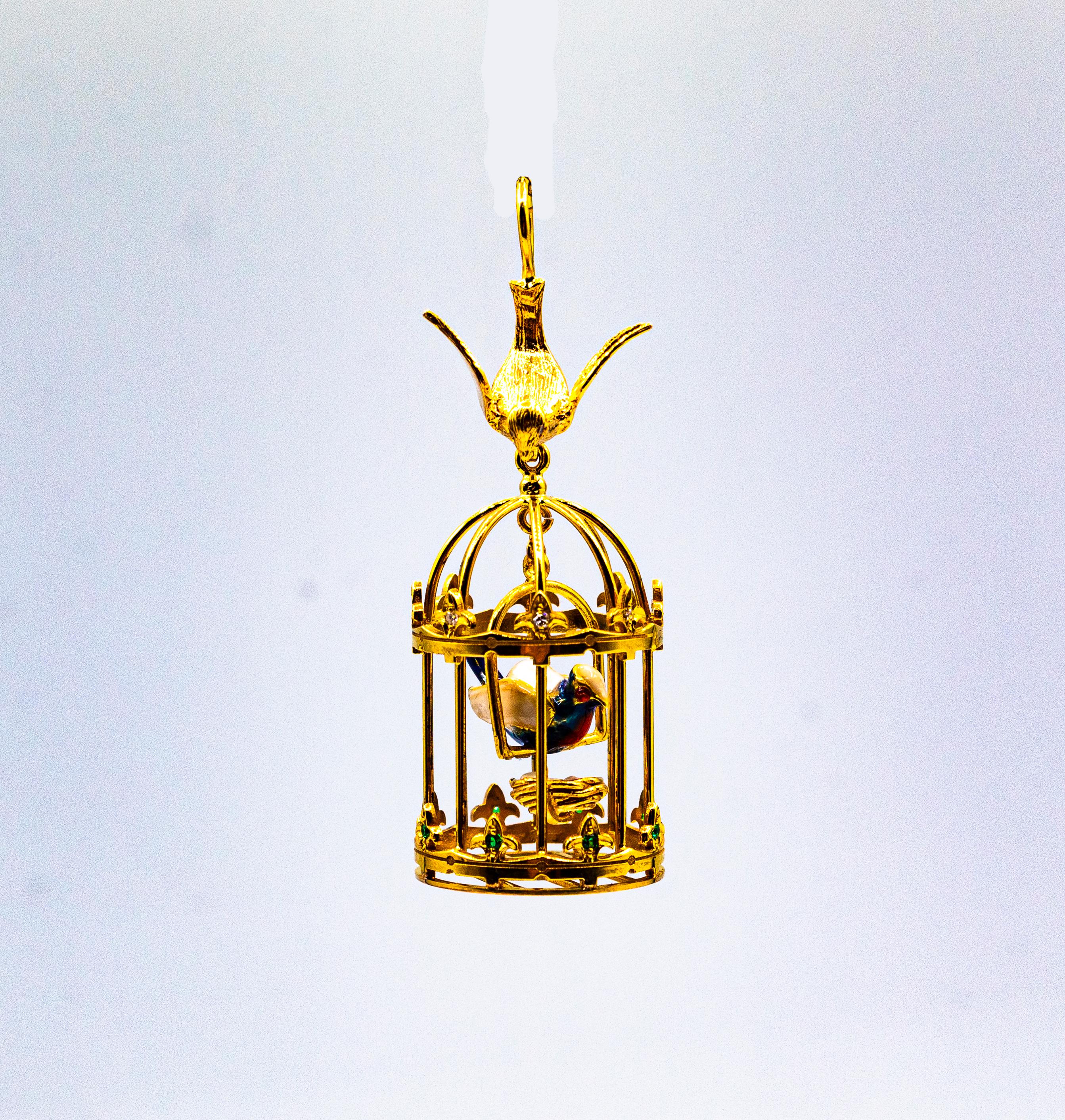 Gelbgold-Anhänger „Birdcage“ im Jugendstil mit weißen Diamanten und Tsavorit-Perlen (Art nouveau) im Angebot