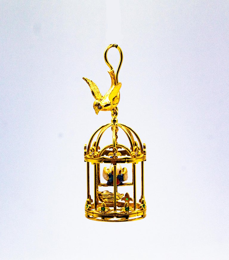 Art Nouveau Style White Diamond Tsavorite Pearl Yellow Gold 