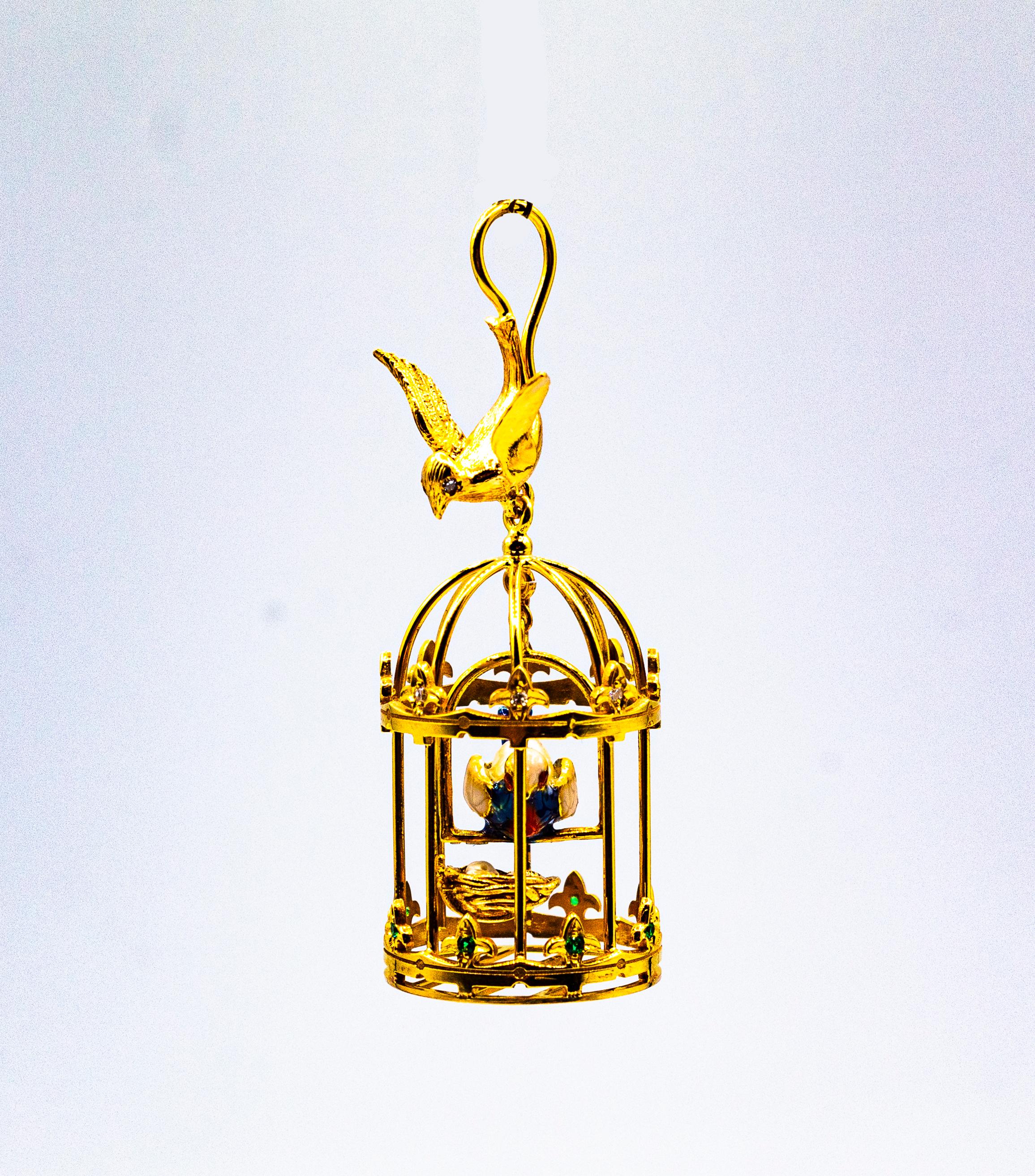 Gelbgold-Anhänger „Birdcage“ im Jugendstil mit weißen Diamanten und Tsavorit-Perlen (Brillantschliff) im Angebot