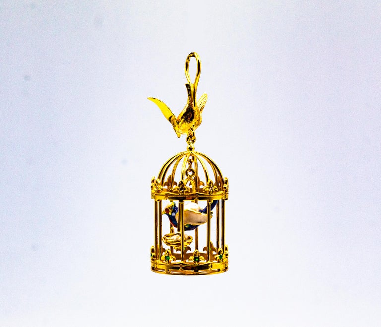 Women's or Men's Art Nouveau Style White Diamond Tsavorite Pearl Yellow Gold 