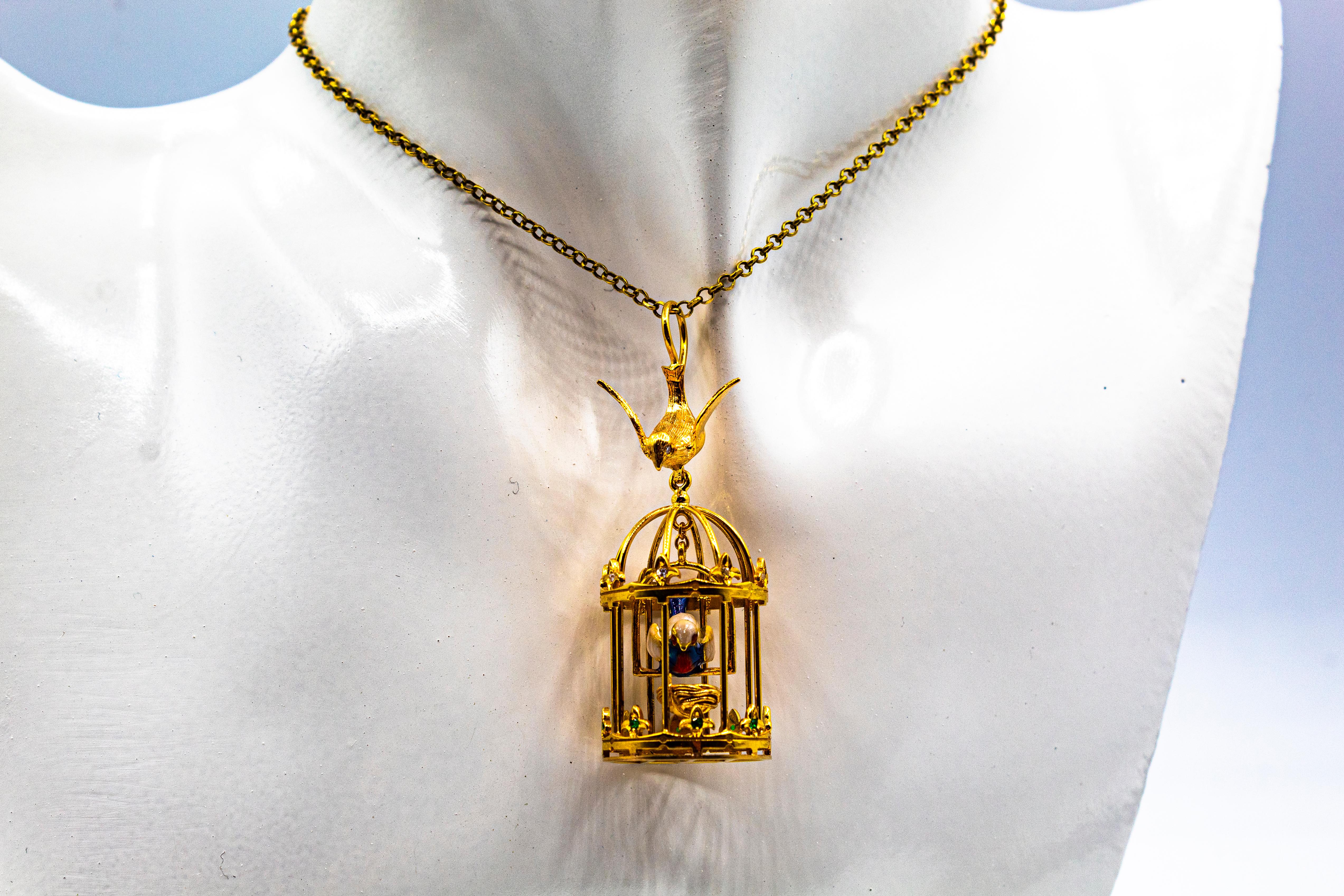 Gelbgold-Anhänger „Birdcage“ im Jugendstil mit weißen Diamanten und Tsavorit-Perlen im Angebot 1