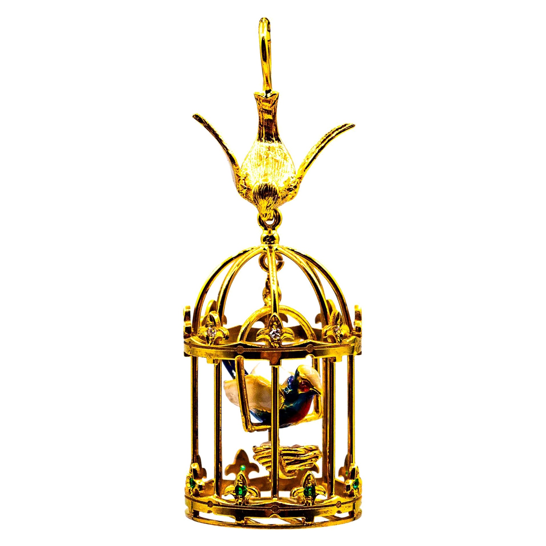 Gelbgold-Anhänger „Birdcage“ im Jugendstil mit weißen Diamanten und Tsavorit-Perlen im Angebot