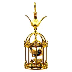 Ciondolo "Gabbia per uccelli" in stile Art Nouveau con diamante bianco e perla tsavorite in oro giallo