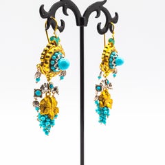 Art Nouveau Style White Diamond Turquoise Enamel Yellow Gold "Flowers" Earrings